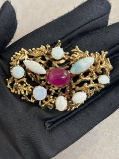 Cabochon Ruby and Opal Brooch