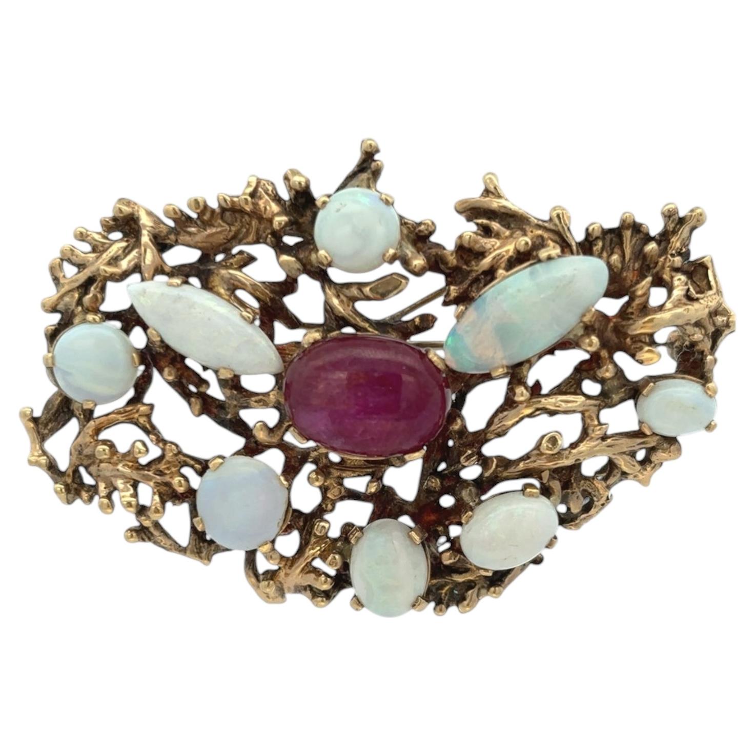 Cabochon Ruby And Opal Brooch - image 1