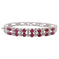 Cabochon Ruby and Round Diamond Bangle Bracelet in 14K White Gold
