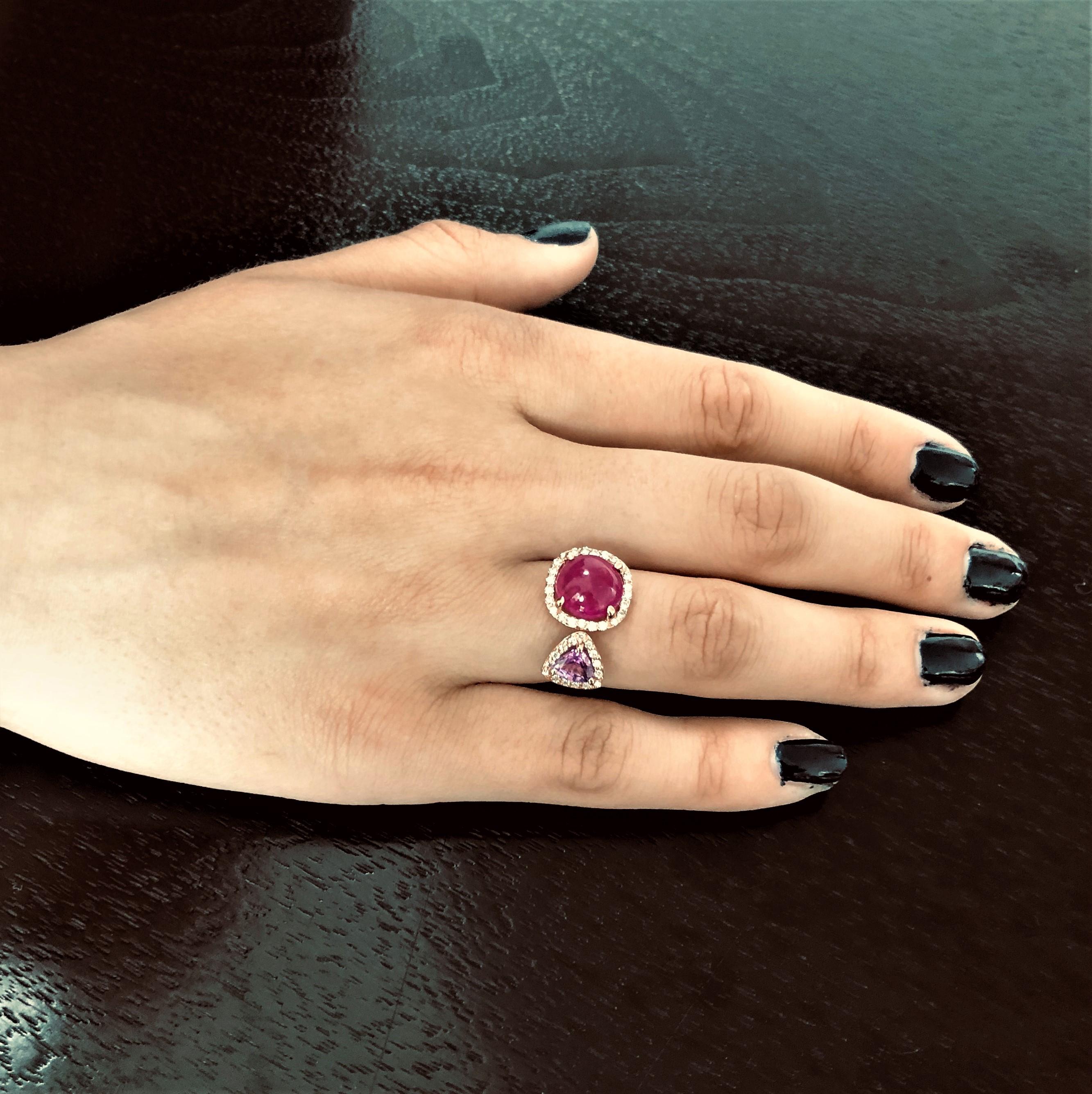  Burma Cabochon Ruby Diamond Pink Sapphire Open Shank Ring  Weighing 5.92 Carats 3