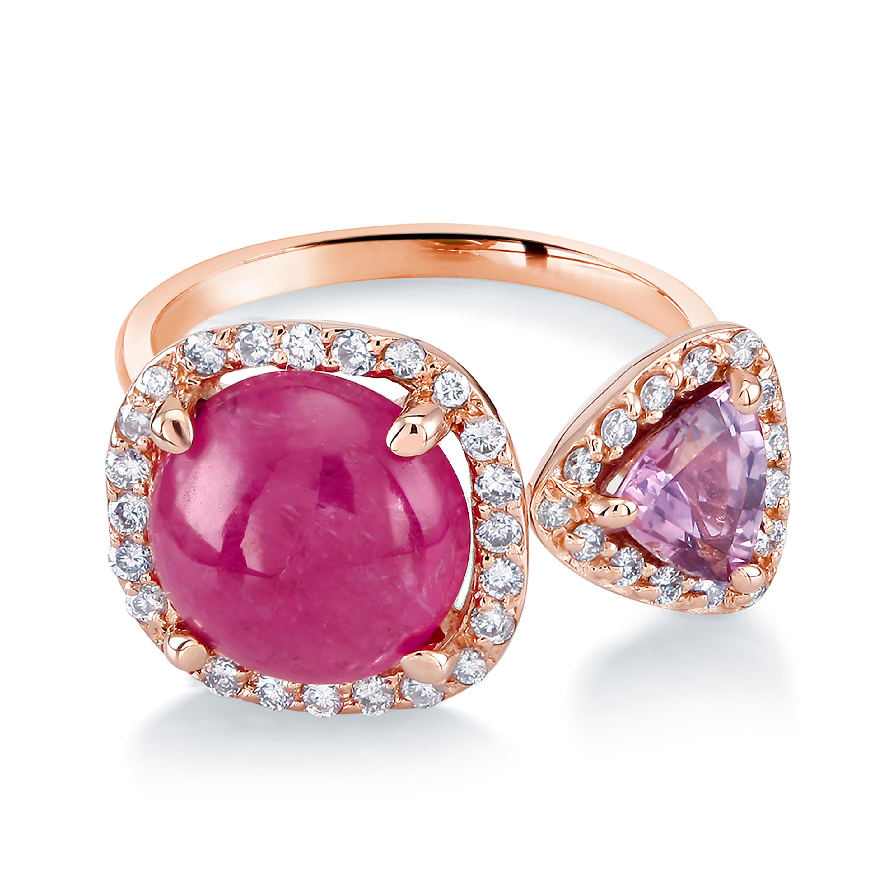 Women's  Burma Cabochon Ruby Diamond Pink Sapphire Open Shank Ring  Weighing 5.92 Carats