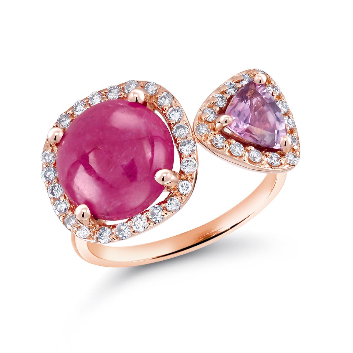  Burma Cabochon Ruby Diamond Pink Sapphire Open Shank Ring  Weighing 5.92 Carats 1