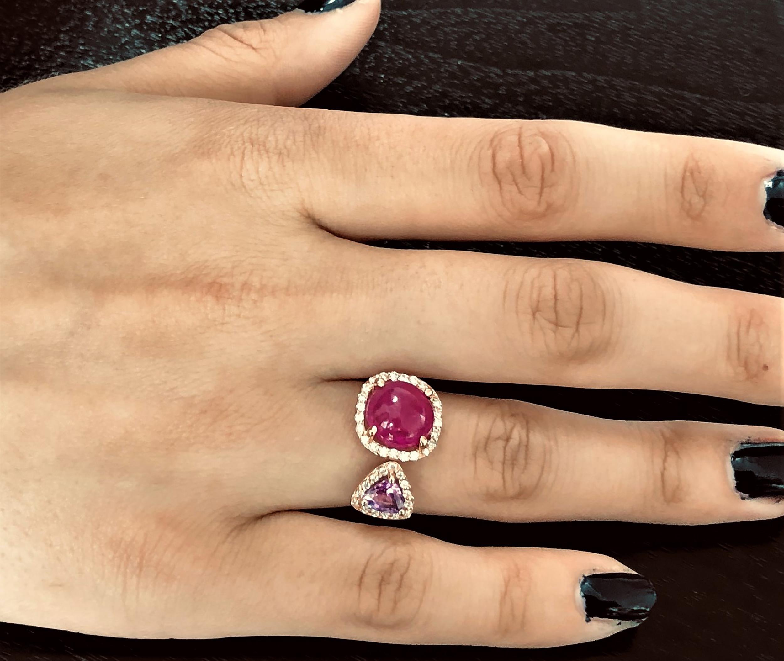 Contemporary  Burma Cabochon Ruby Diamond Pink Sapphire Open Shank Ring  Weighing 5.92 Carats