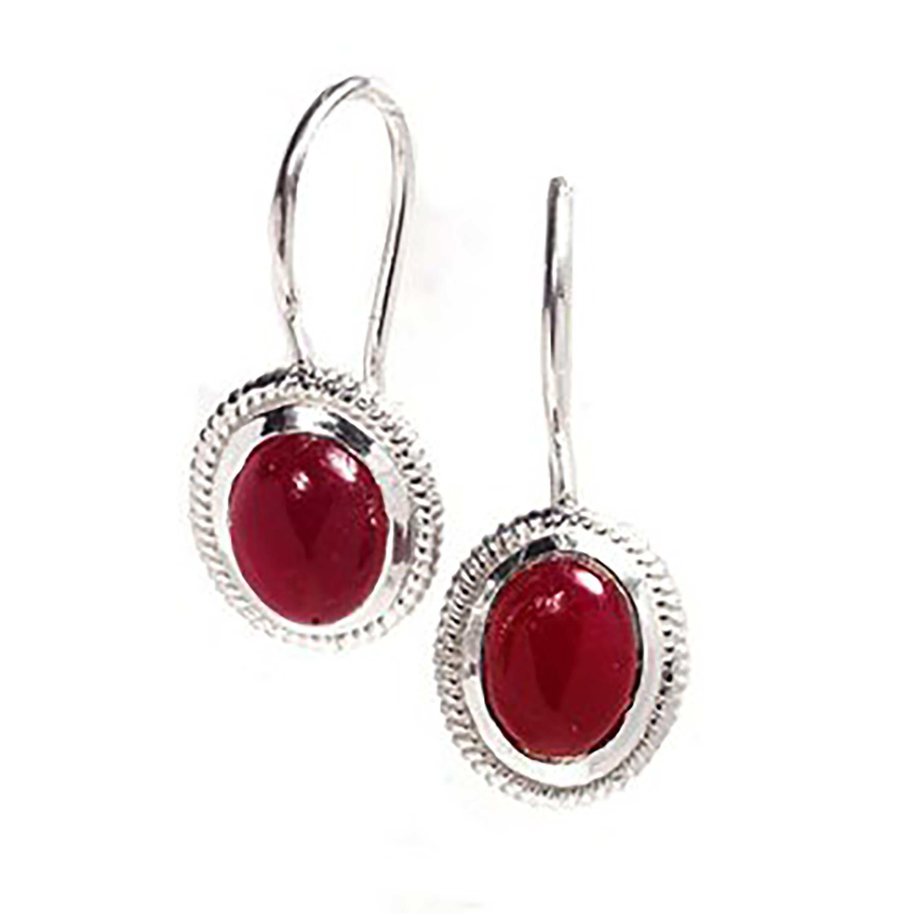 Sterling silver roped design hoop drop earrings 
Pair of cabochon ruby weighing 5.00 carats
Measuring 0.60