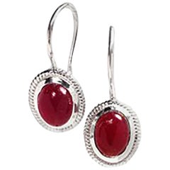 Cabochon Ruby Bezel Set Drop Hoop Silver Earrings