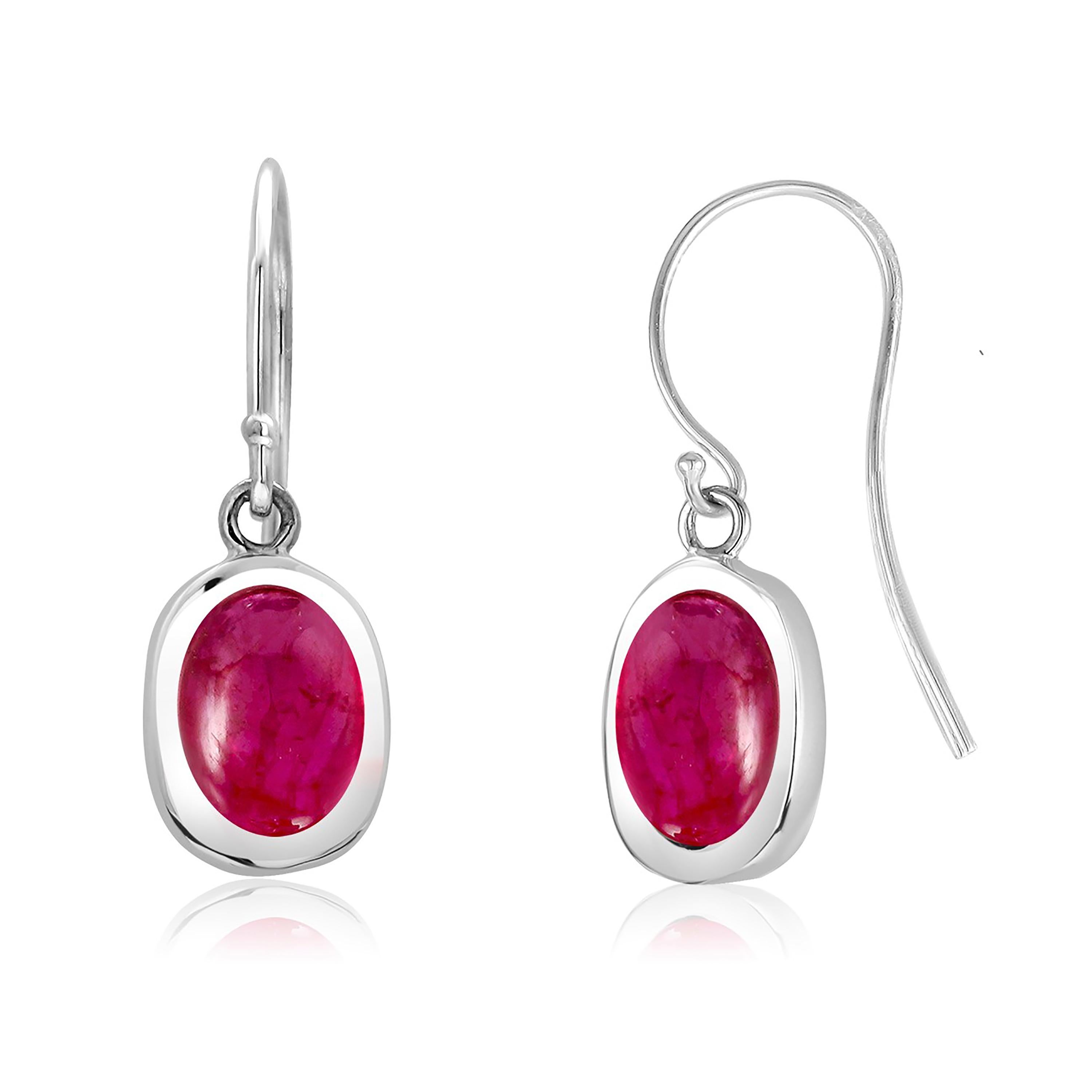 Cabochon Ruby Bezel Set White Gold Hoop Drop Earrings Weighing Four Carats In New Condition In New York, NY