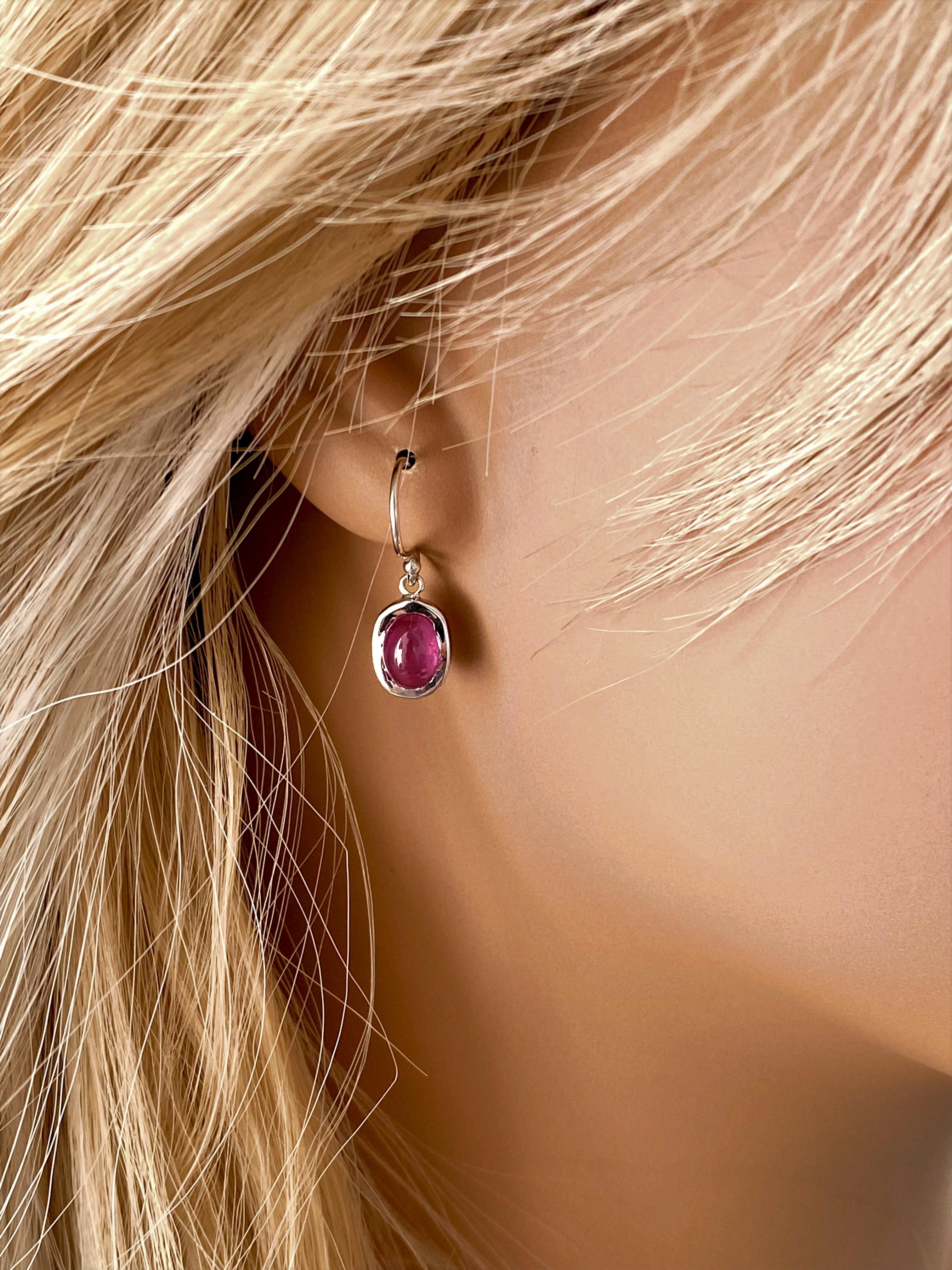 Contemporary Cabochon Ruby Bezel Set White Gold Hoop Drop Earrings Weighing Four Carats