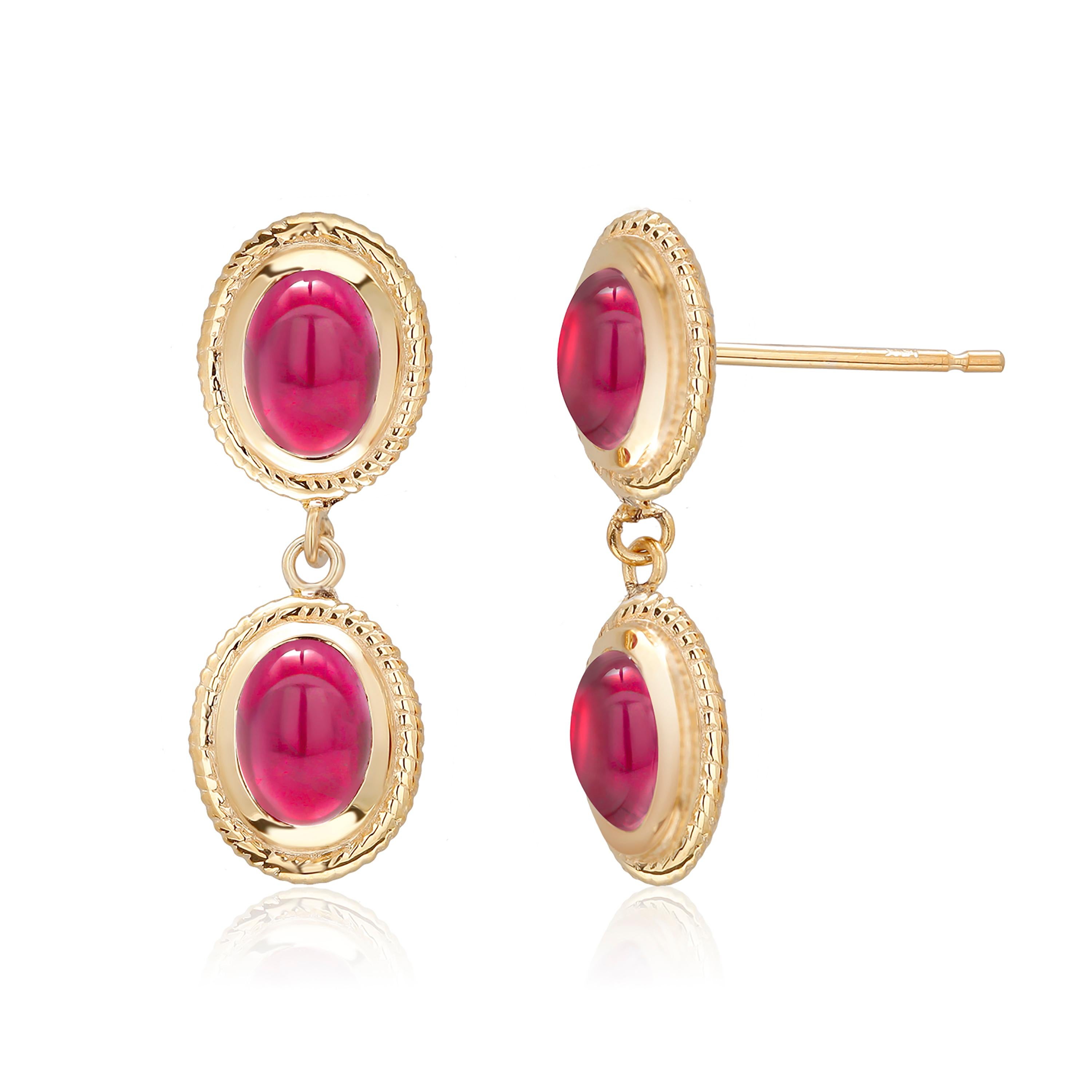Contemporary Cabochon Ruby Bezel Set Yellow Gold Rope Design Double Tier Drop Earrings