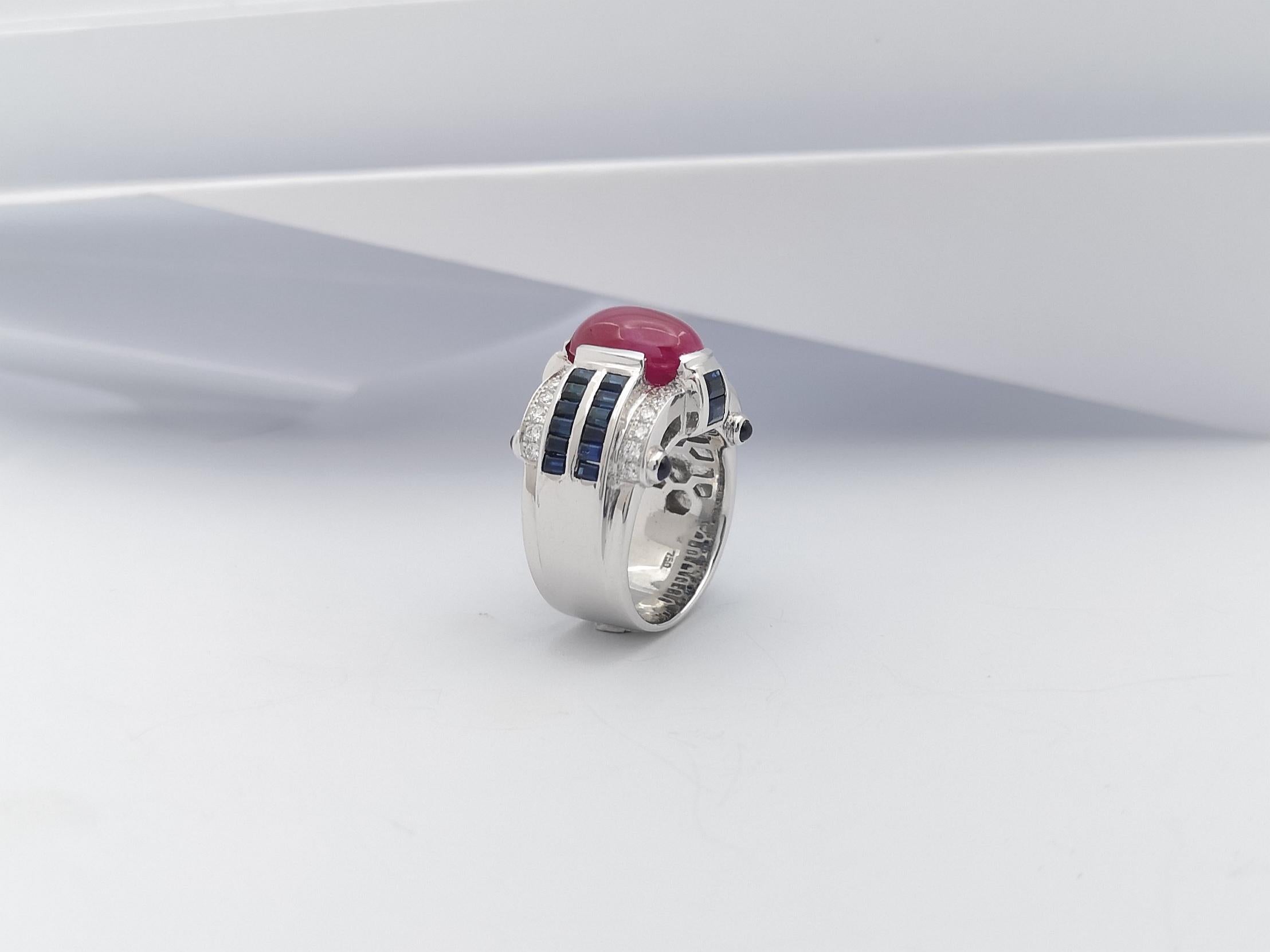 Cabochon Ruby, Blue Sapphire and Diamond Ring Set in 18 Karat White Gold Setting For Sale 13