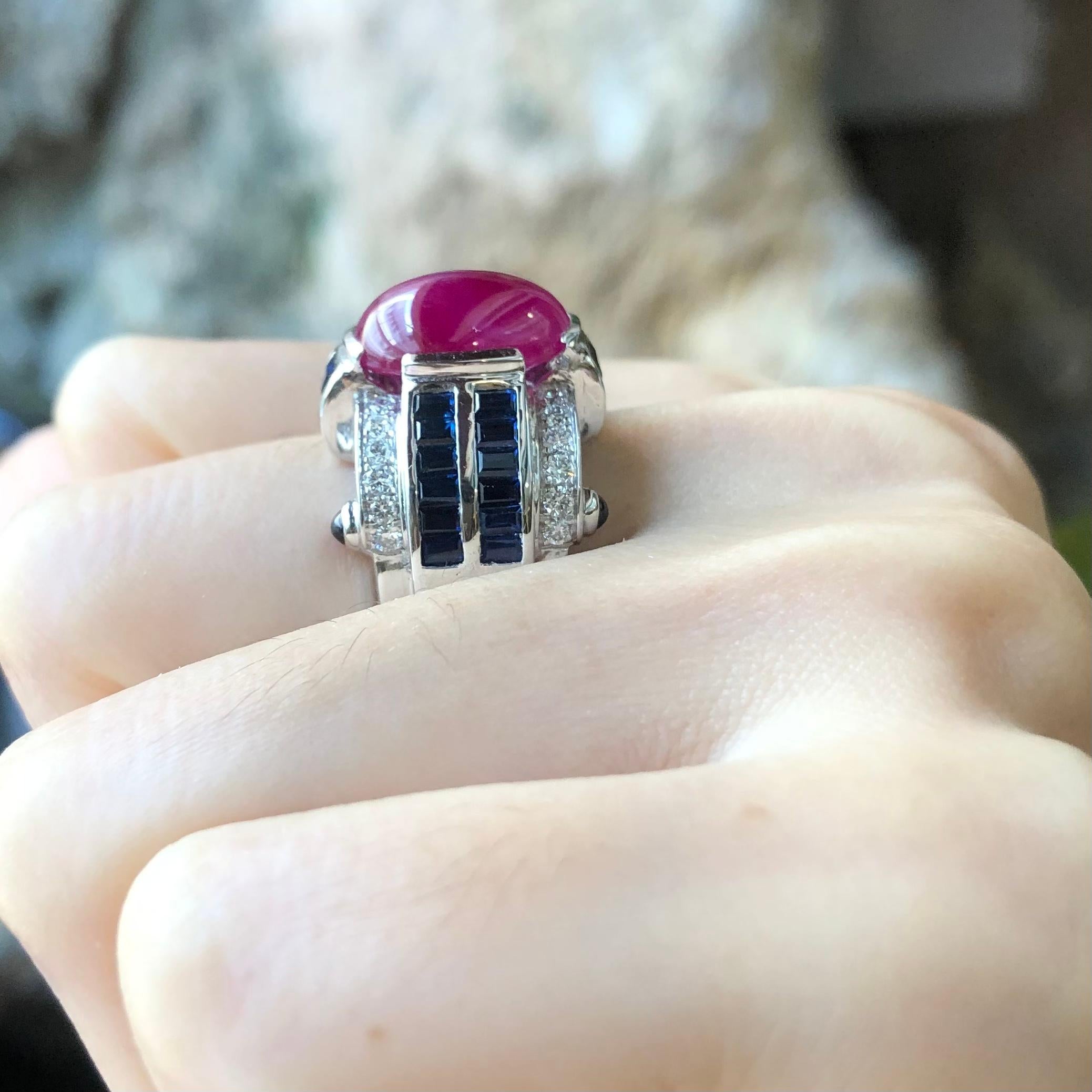 Cabochon Ruby, Blue Sapphire and Diamond Ring Set in 18 Karat White Gold Setting For Sale 1