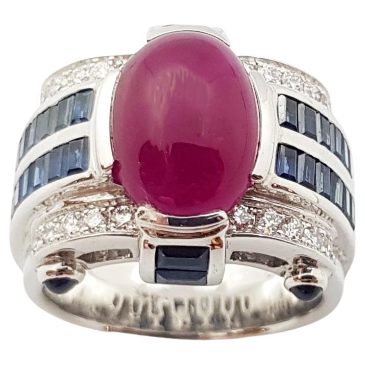 Cabochon Ruby, Blue Sapphire and Diamond Ring Set in 18 Karat White Gold Setting For Sale
