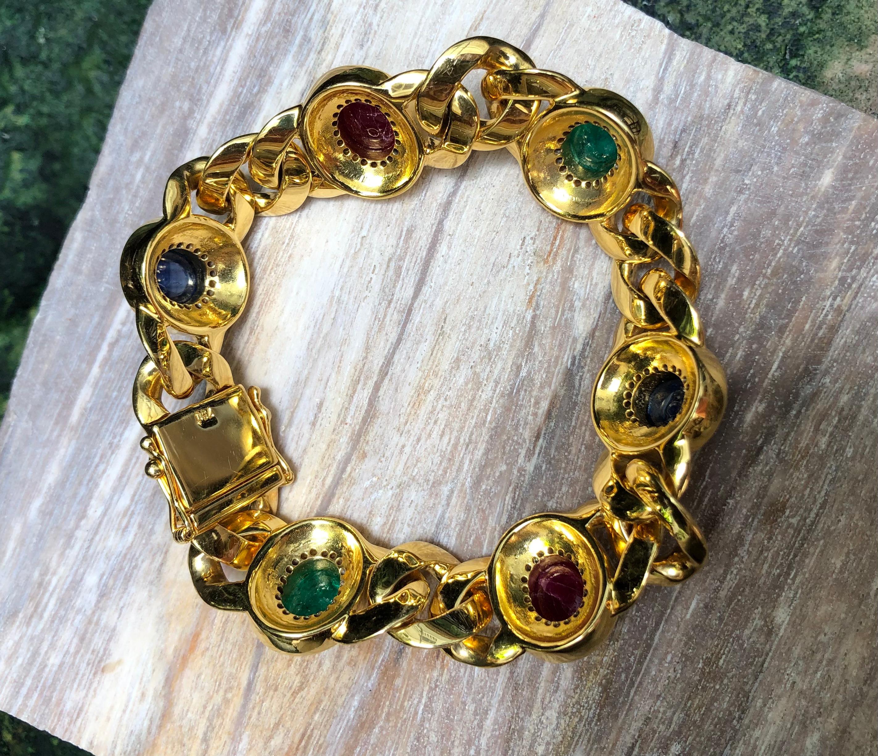 Cabochon Ruby, Blue Sapphire, Emerald with Diamond Bracelet Set in 18 Karat Gold For Sale 2