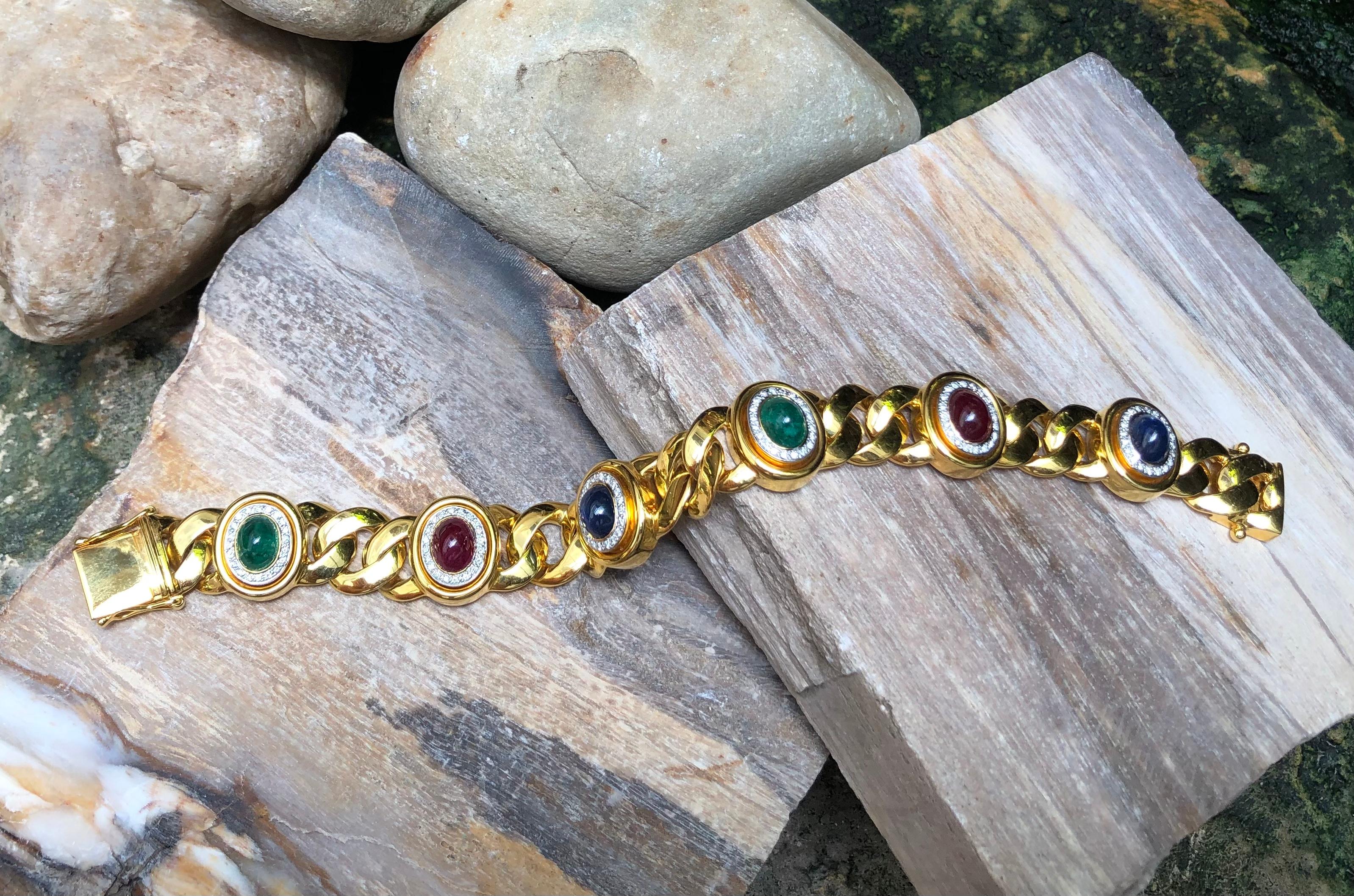 Cabochon Ruby, Blue Sapphire, Emerald with Diamond Bracelet Set in 18 Karat Gold For Sale 3