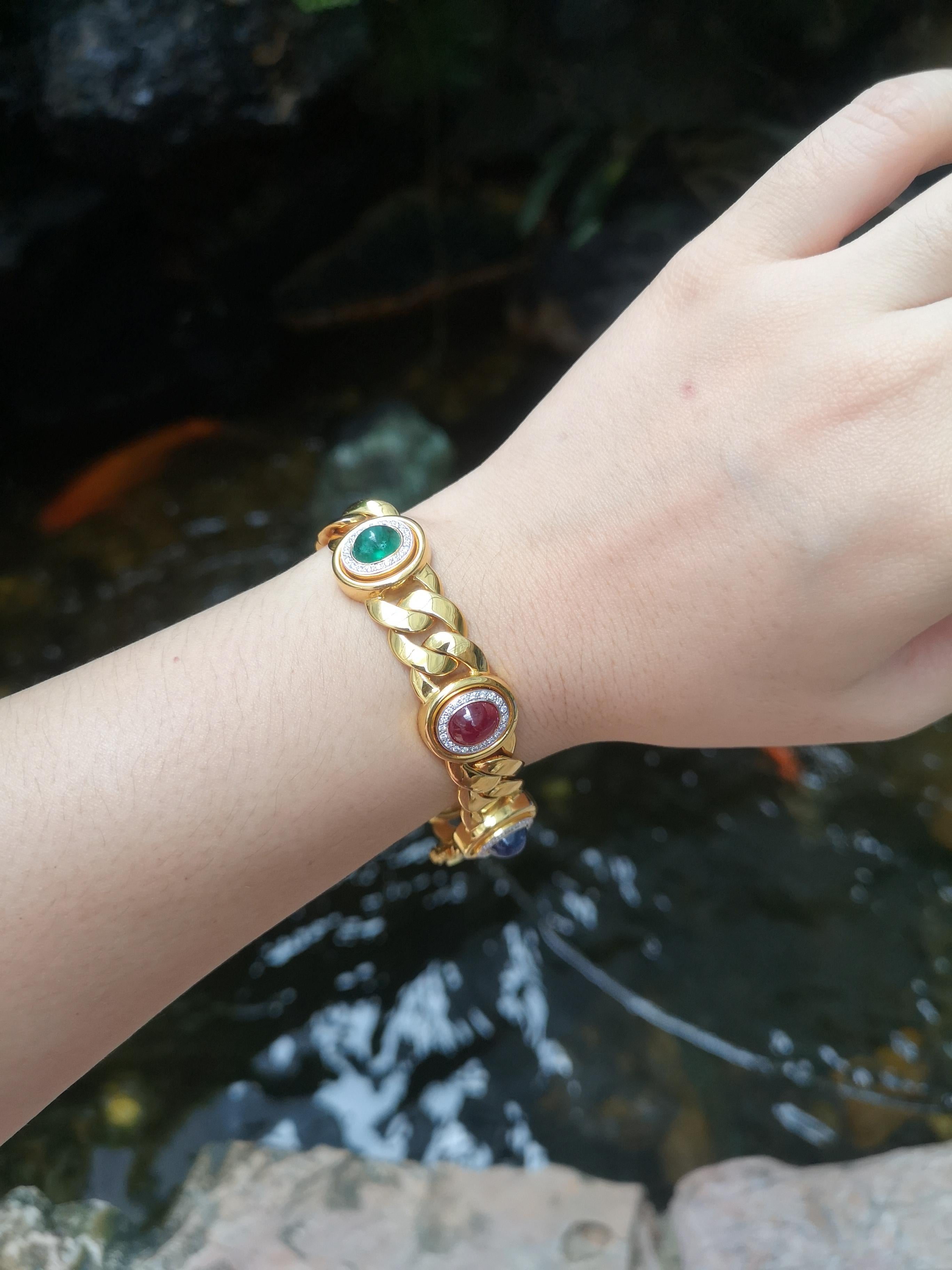 Cabochon Ruby, Blue Sapphire, Emerald with Diamond Bracelet Set in 18 Karat Gold For Sale 4
