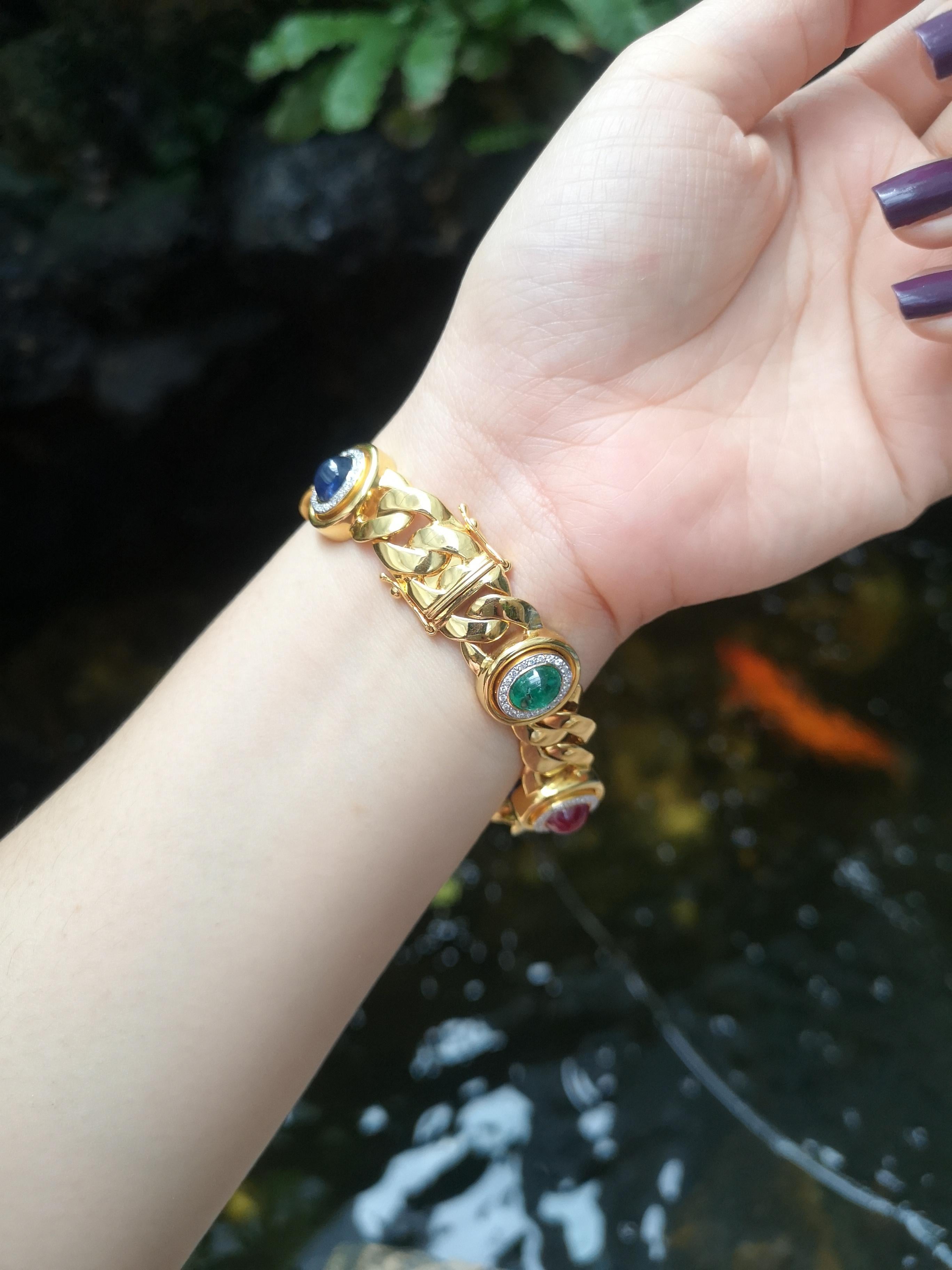 Cabochon Ruby, Blue Sapphire, Emerald with Diamond Bracelet Set in 18 Karat Gold For Sale 6