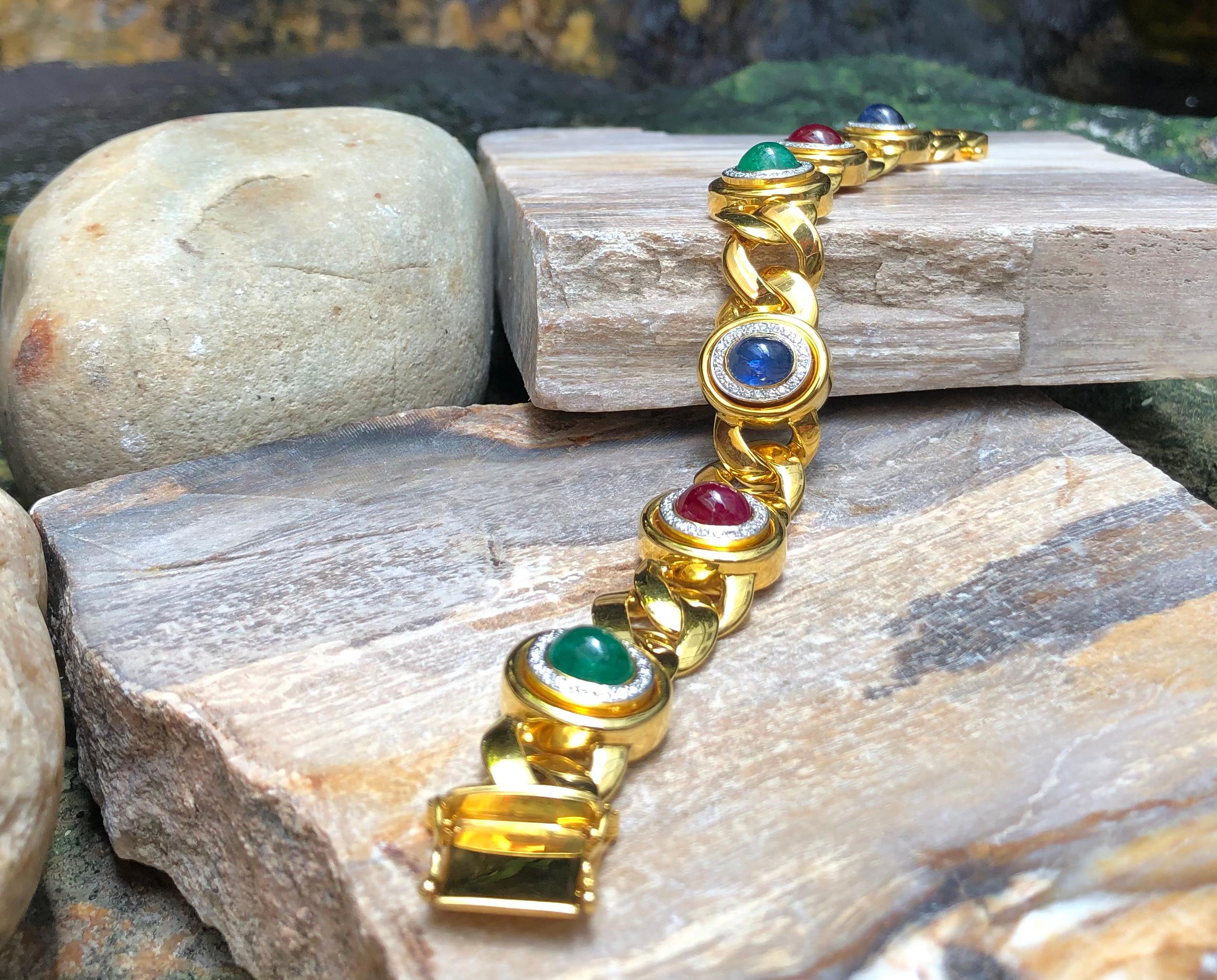 Women's or Men's Cabochon Ruby, Blue Sapphire, Emerald with Diamond Bracelet Set in 18 Karat Gold For Sale