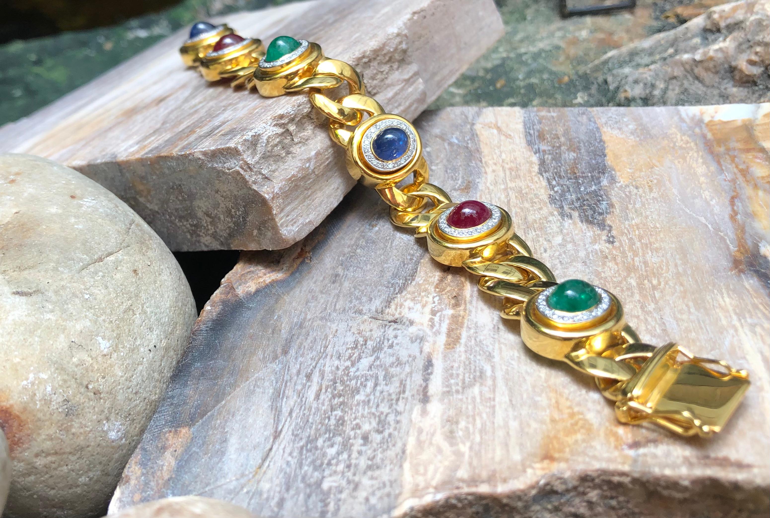 Cabochon Ruby, Blue Sapphire, Emerald with Diamond Bracelet Set in 18 Karat Gold For Sale 1