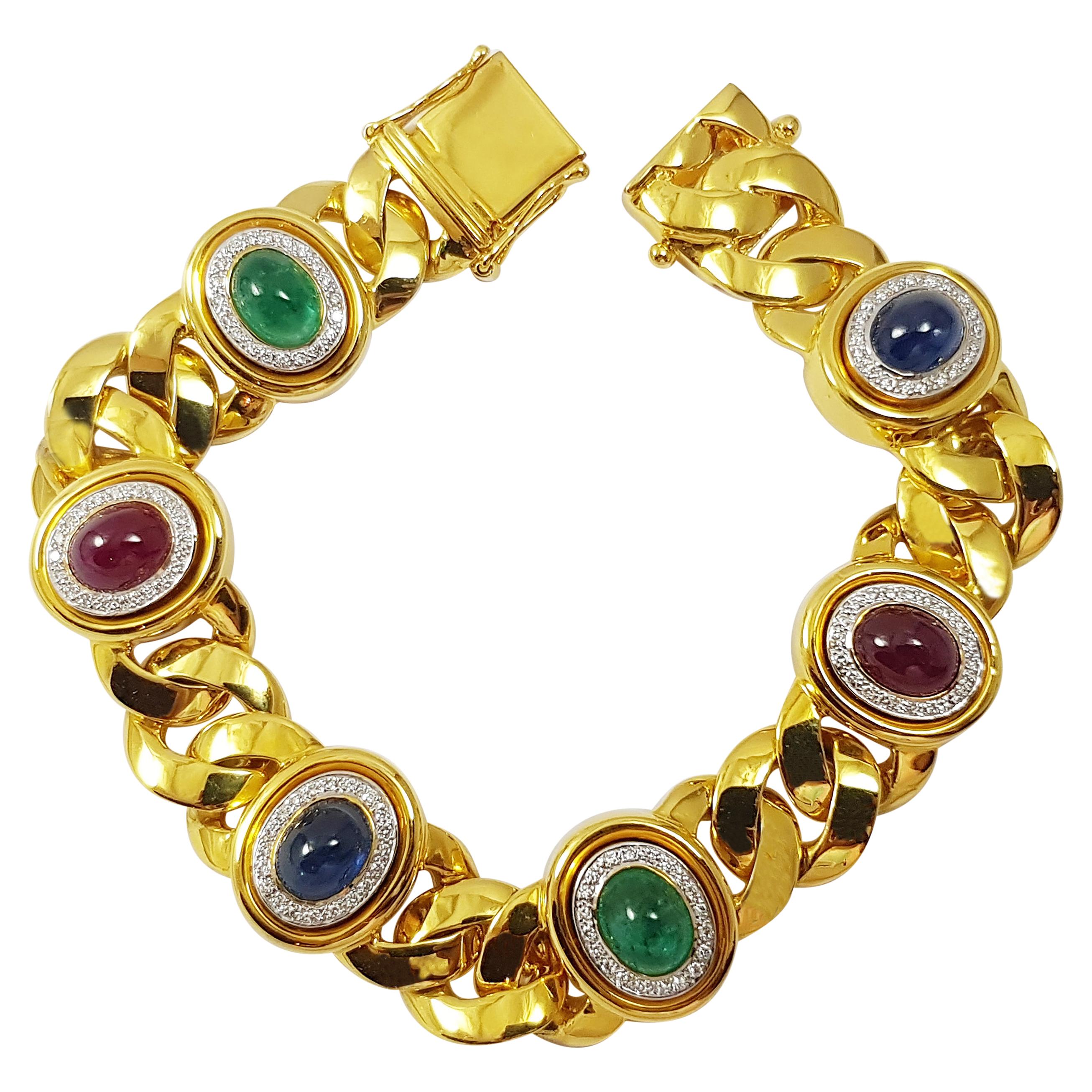 Cabochon Ruby, Blue Sapphire, Emerald with Diamond Bracelet Set in 18 Karat Gold