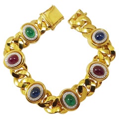 Cabochon Ruby, Blue Sapphire, Emerald with Diamond Bracelet Set in 18 Karat Gold