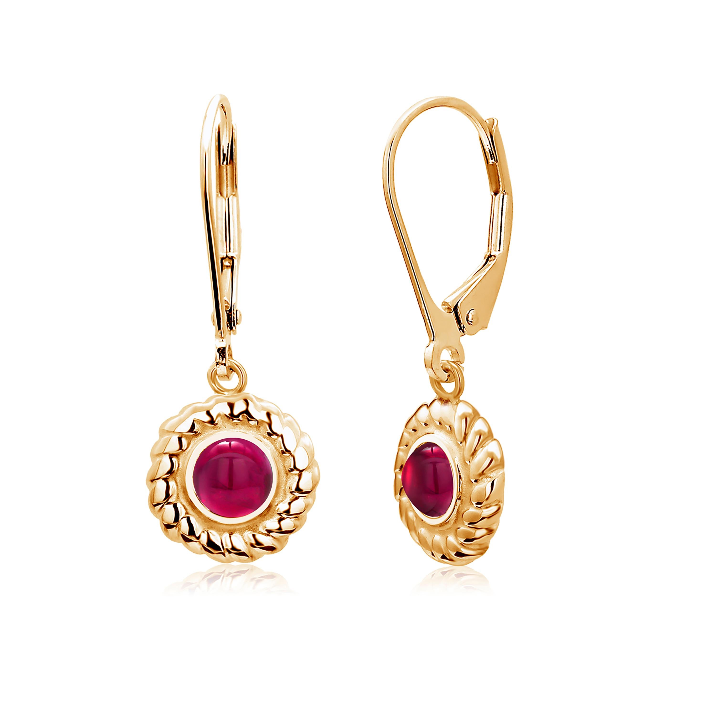 Contemporary Cabochon Ruby Braided Bezel Set Lever Back Yellow Gold Hoop Earrings