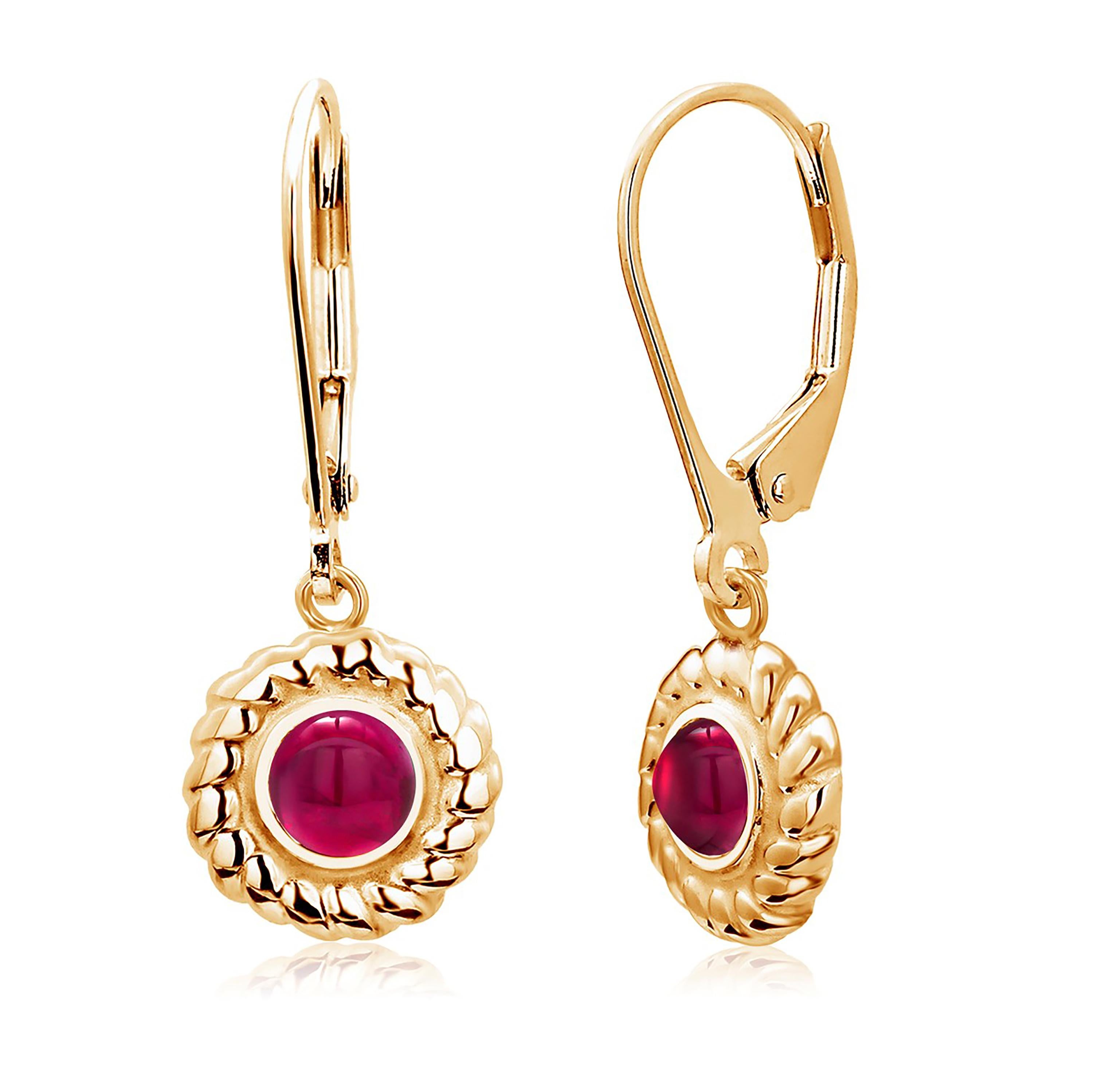 Cabochon Ruby Braided Bezel Set Lever Back Yellow Gold Hoop Earrings In New Condition In New York, NY