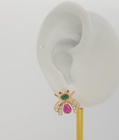 Cabochon Ruby, Cabochon Emerald and Diamond Earrings set in 18K Gold Settings