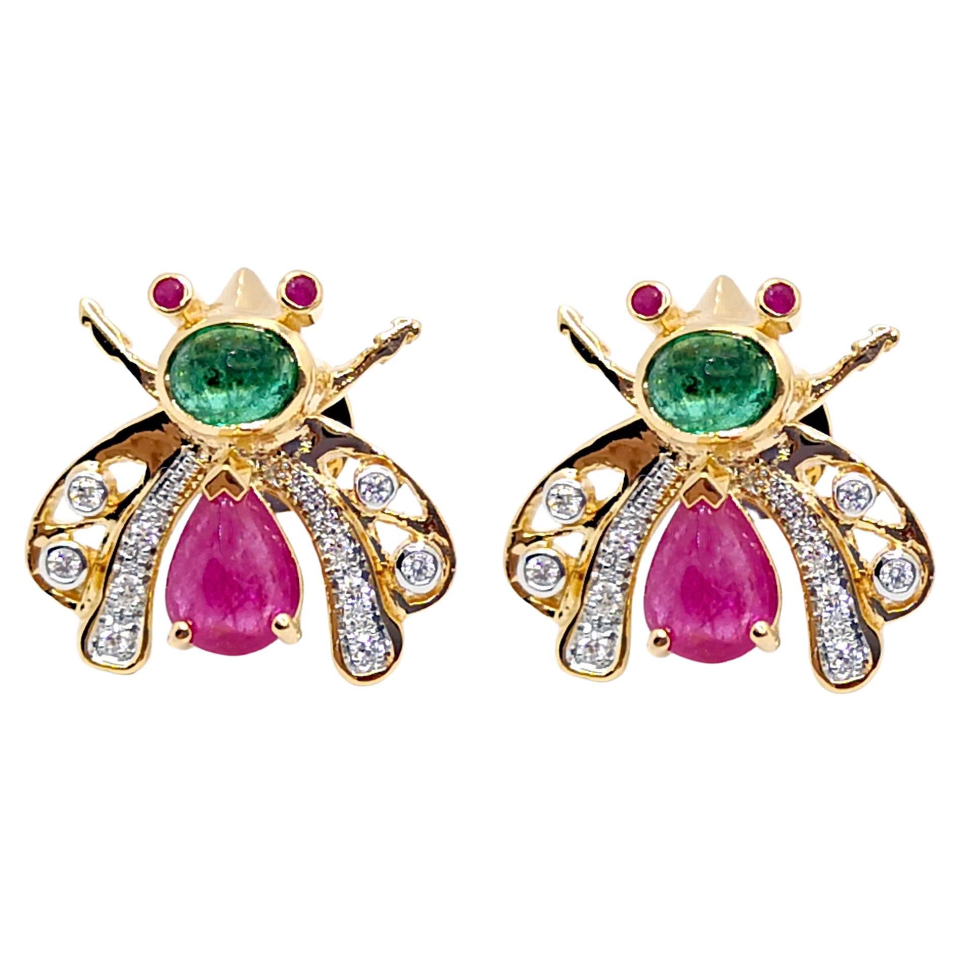 Cabochon Ruby, Cabochon Emerald and Diamond Earrings set in 18K Gold Settings