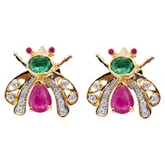 Cabochon Ruby, Cabochon Emerald and Diamond Earrings set in 18K Gold Settings