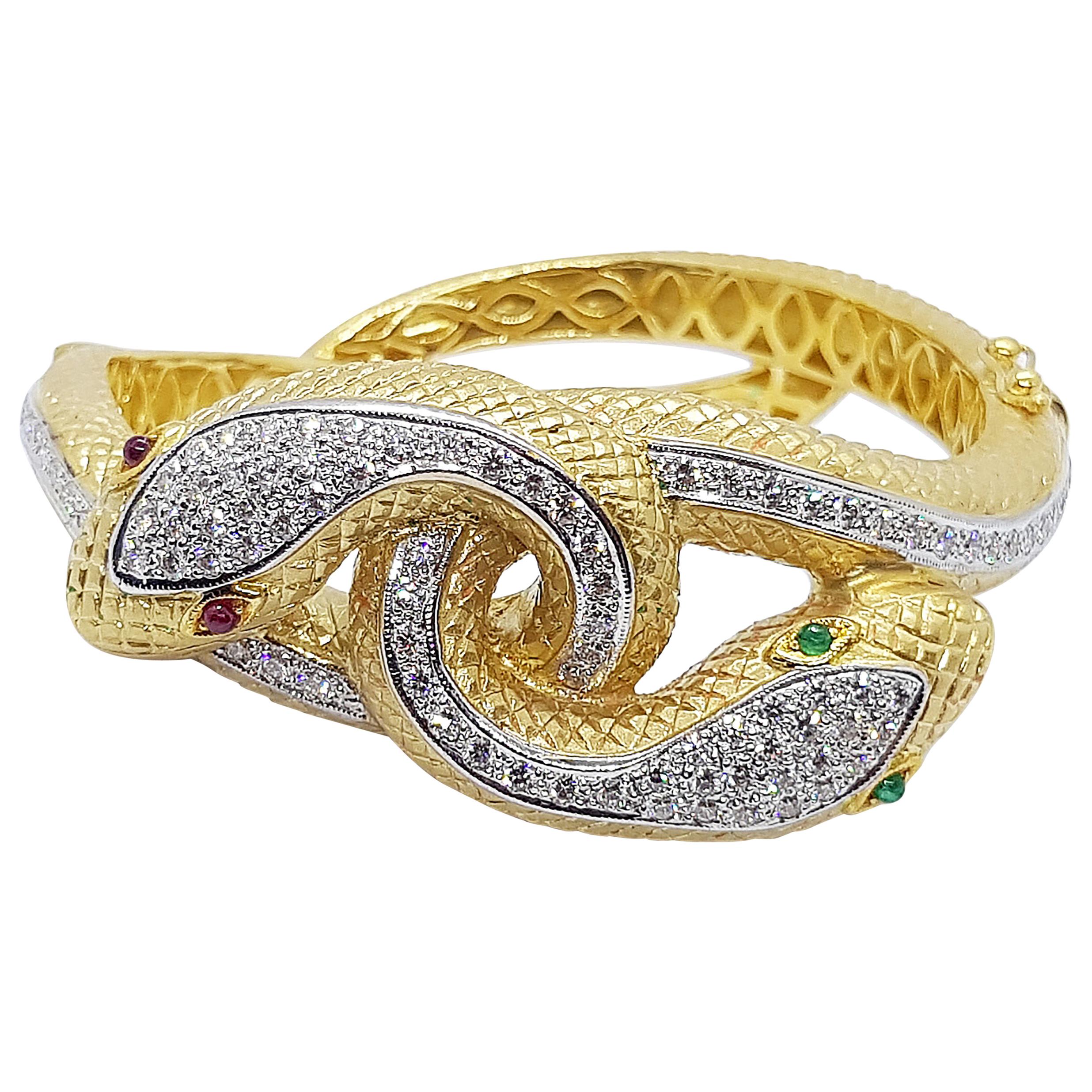 Cabochon Ruby, Cabochon Emerald and Diamond Snake Bangle Set in 18 Karat Gold For Sale