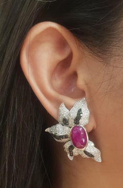 Cabochon Ruby, Diamond and Black Diamond Earrings set in 18K White Gold Settings
