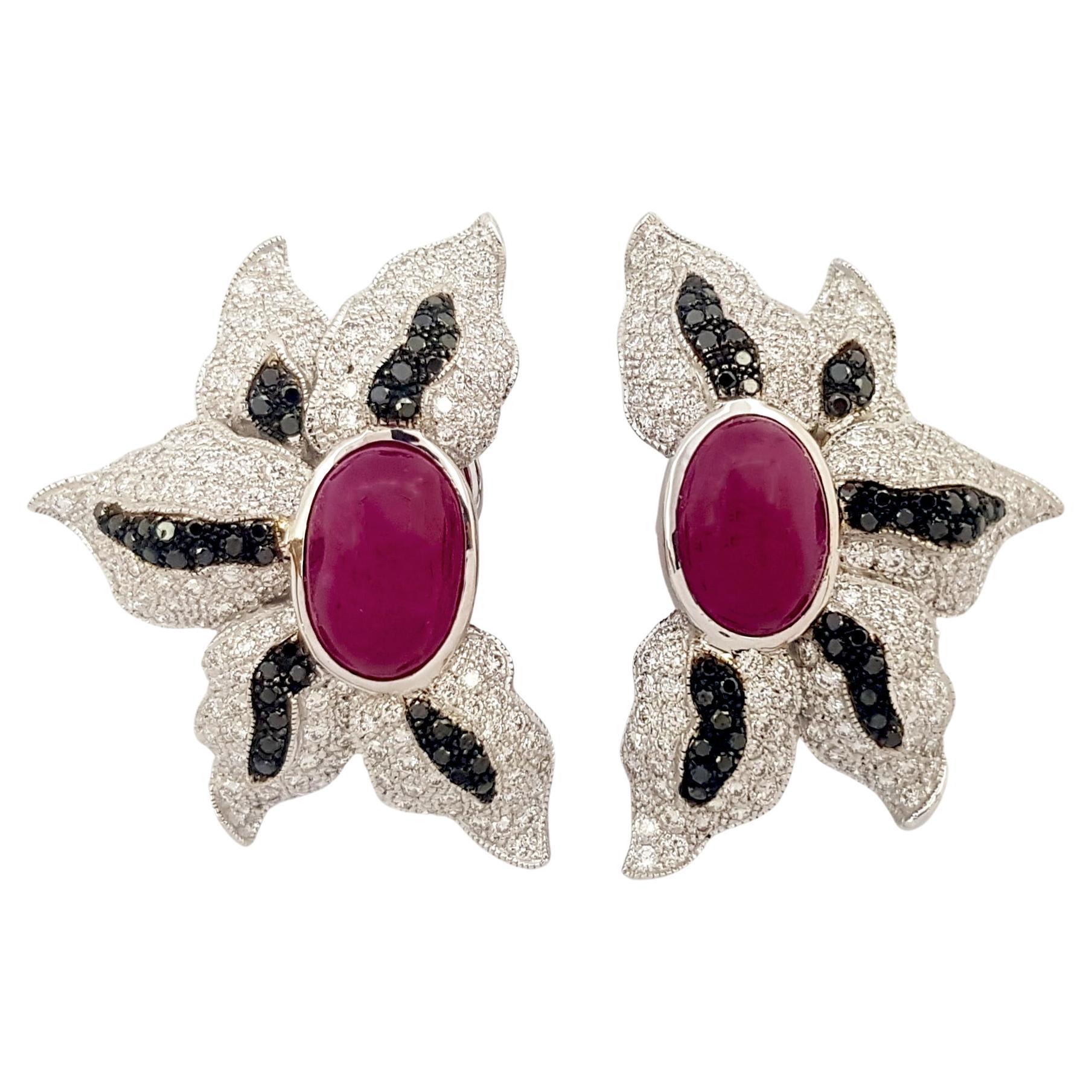 Cabochon Ruby, Diamond and Black Diamond Earrings set in 18K White Gold Settings For Sale