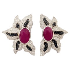 Cabochon Ruby, Diamond and Black Diamond Earrings set in 18K White Gold Settings