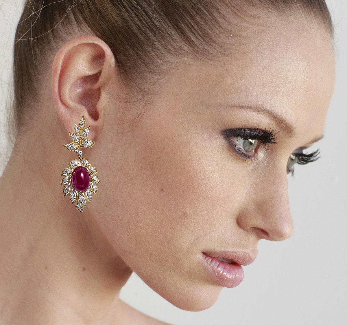 Cabochon Ruby Diamond Dangle Earrings 3