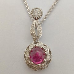 Cabochon Ruby & Diamond Double Halo Necklace Pendant in 18K White Gold