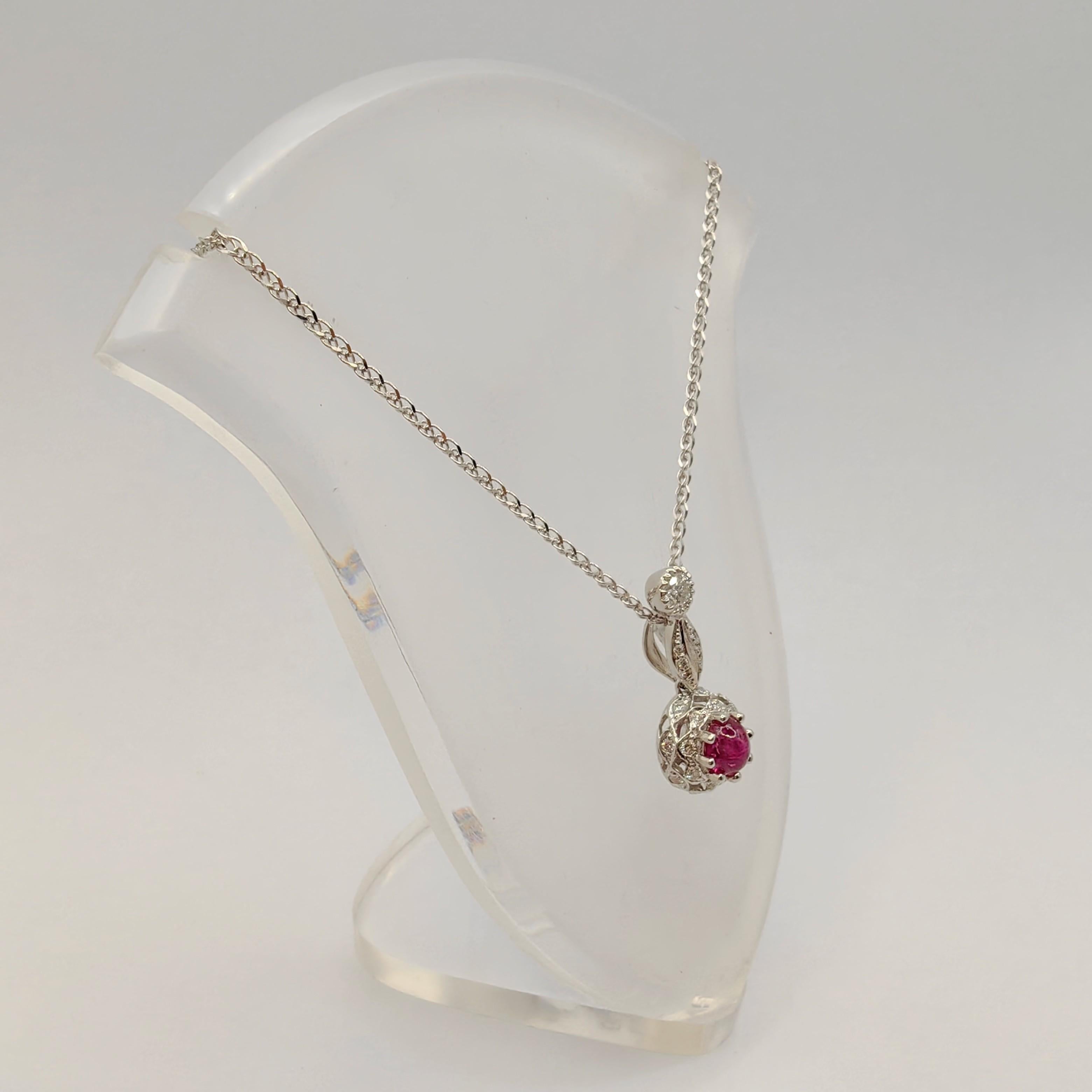 Cabochon Ruby & Diamond Double Halo Necklace Pendant in 18K White Gold In New Condition For Sale In Wan Chai District, HK