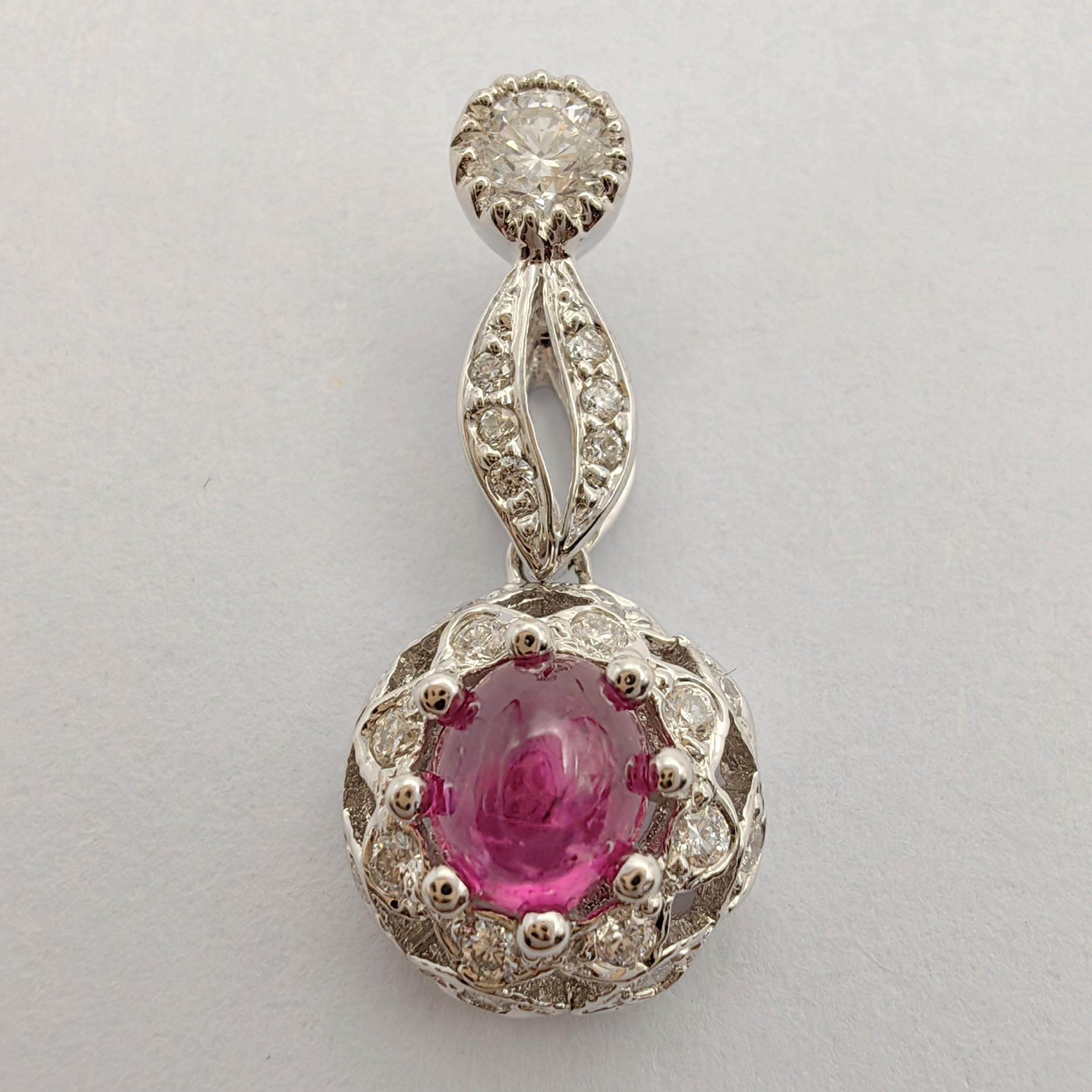 Cabochon Ruby & Diamond Double Halo Necklace Pendant in 18K White Gold For Sale 1