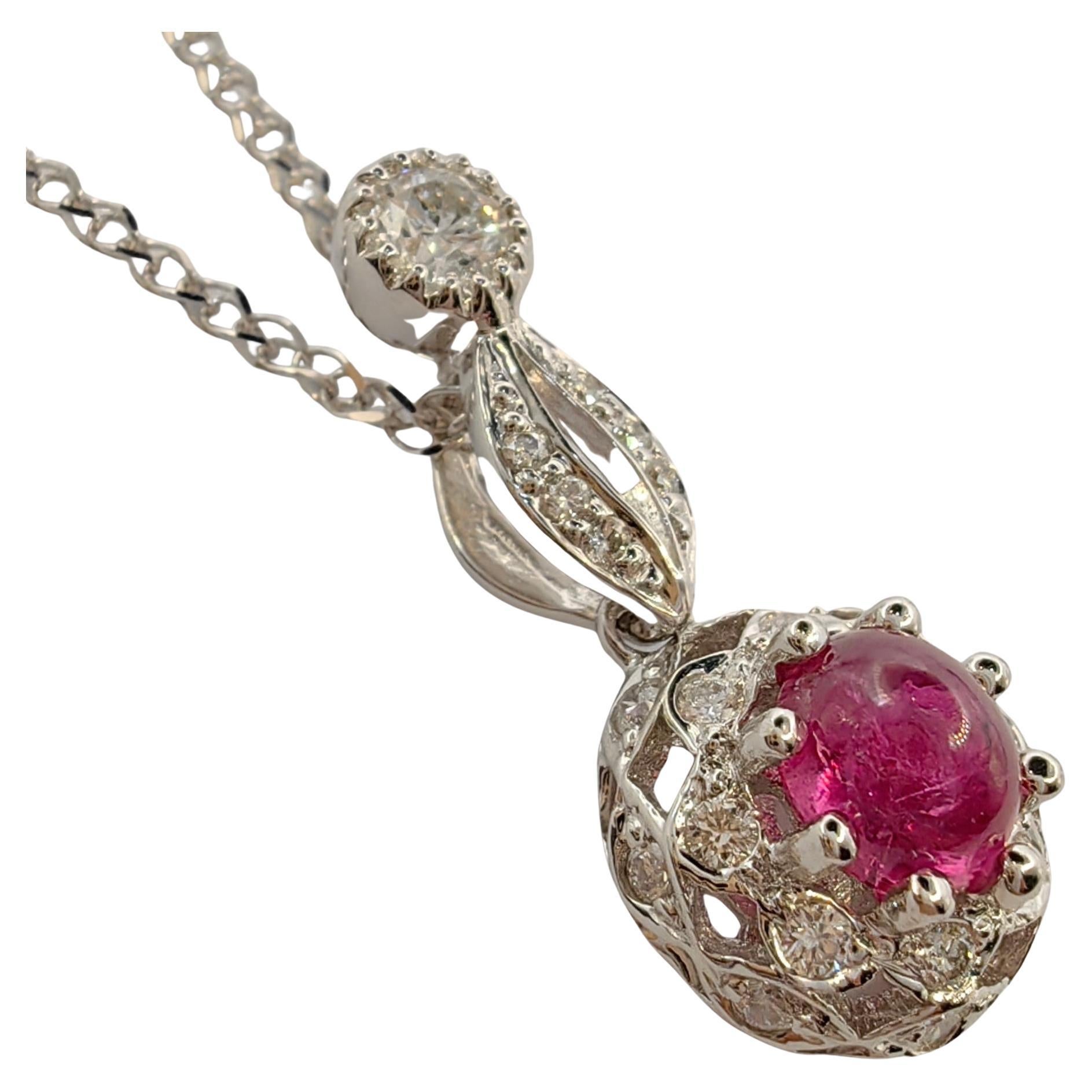 Cabochon Ruby & Diamond Double Halo Necklace Pendant in 18K White Gold For Sale
