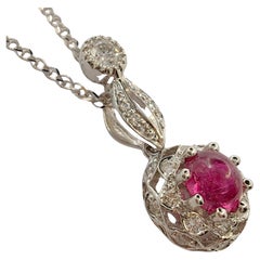 Cabochon Ruby & Diamond Double Halo Necklace Pendant in 18K White Gold