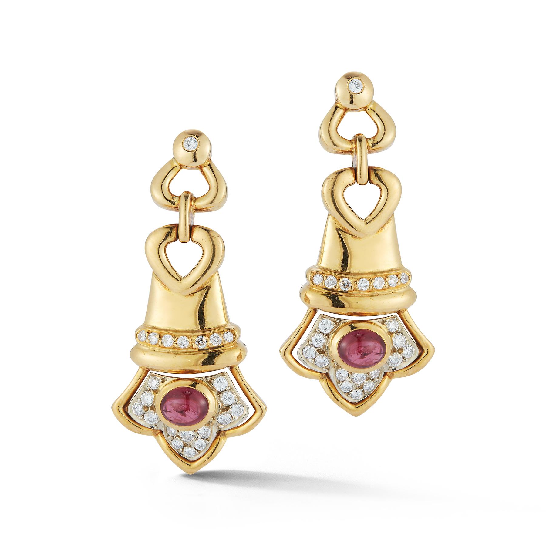 Cabochon Ruby & Diamond Earrings, 2 cabochon rubies approximately 1.18 cts &  34 round diamonds approximately .080 cts

Measurements: 1.5