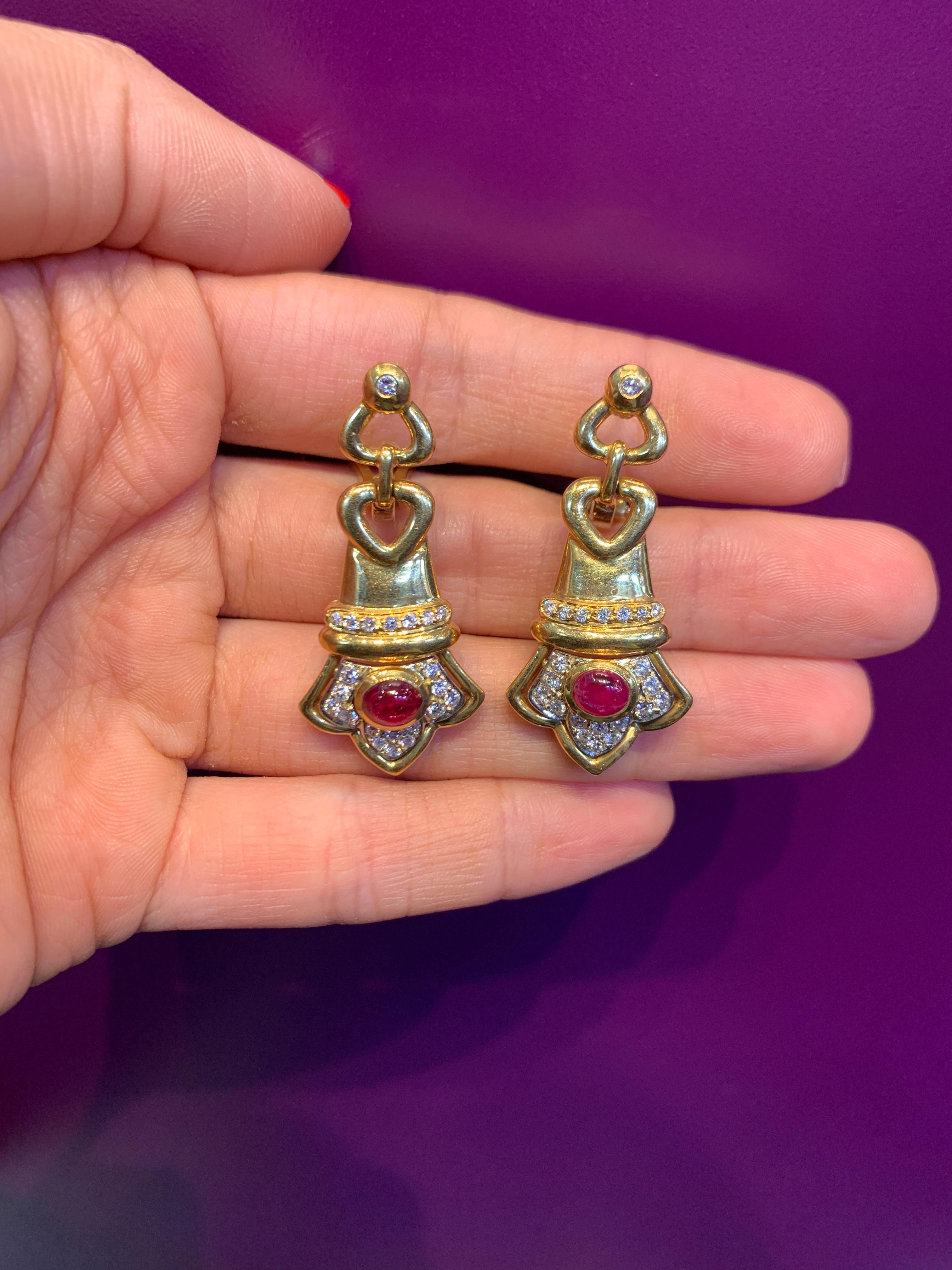 Women's Cabochon Ruby & Diamond Earrings For Sale