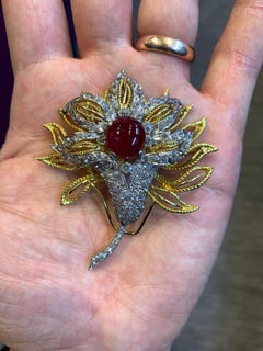 Cabochon Ruby and Diamond Flower Brooch