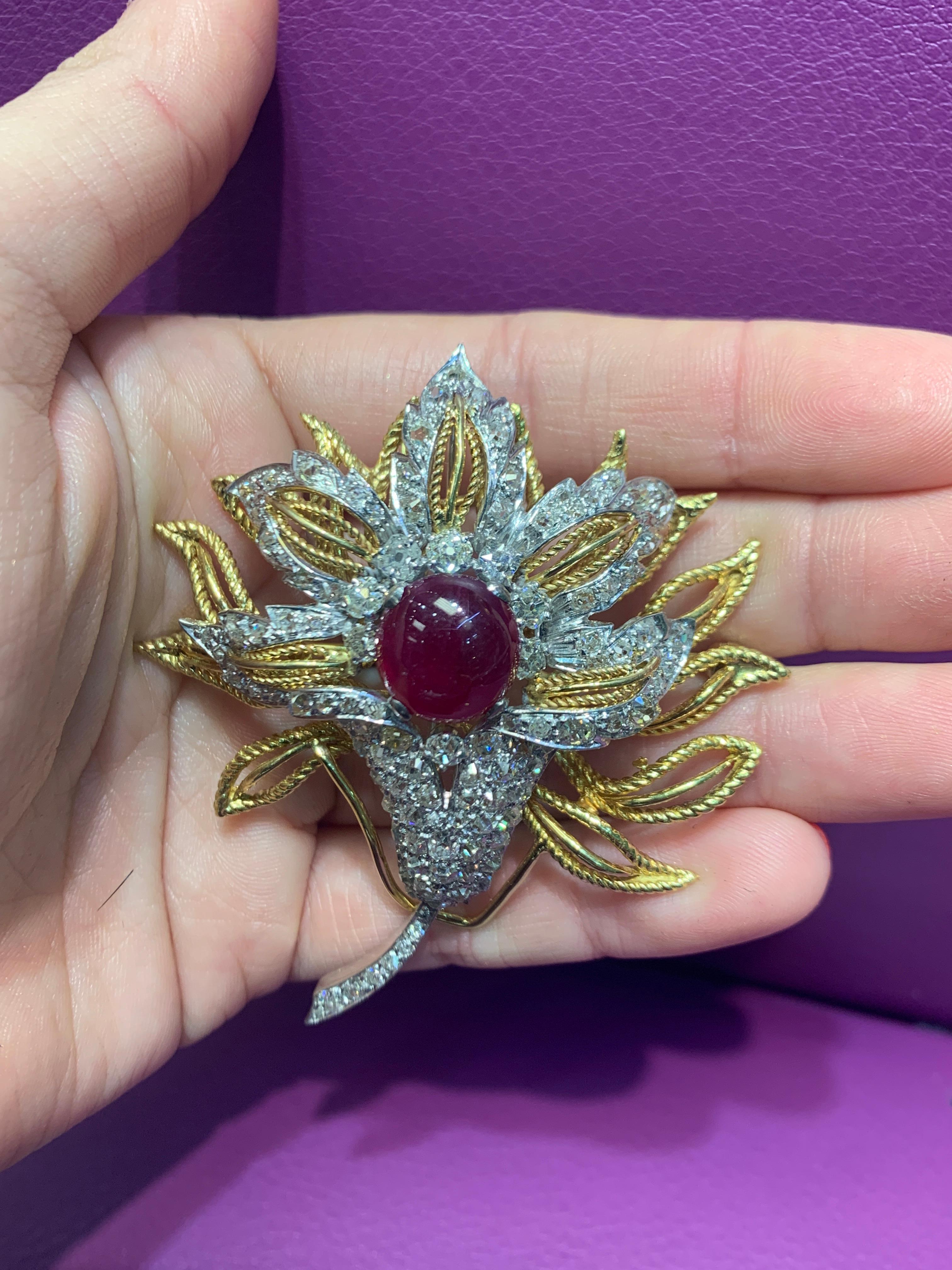 Women's Cabochon Ruby and Diamond Flower Brooch For Sale