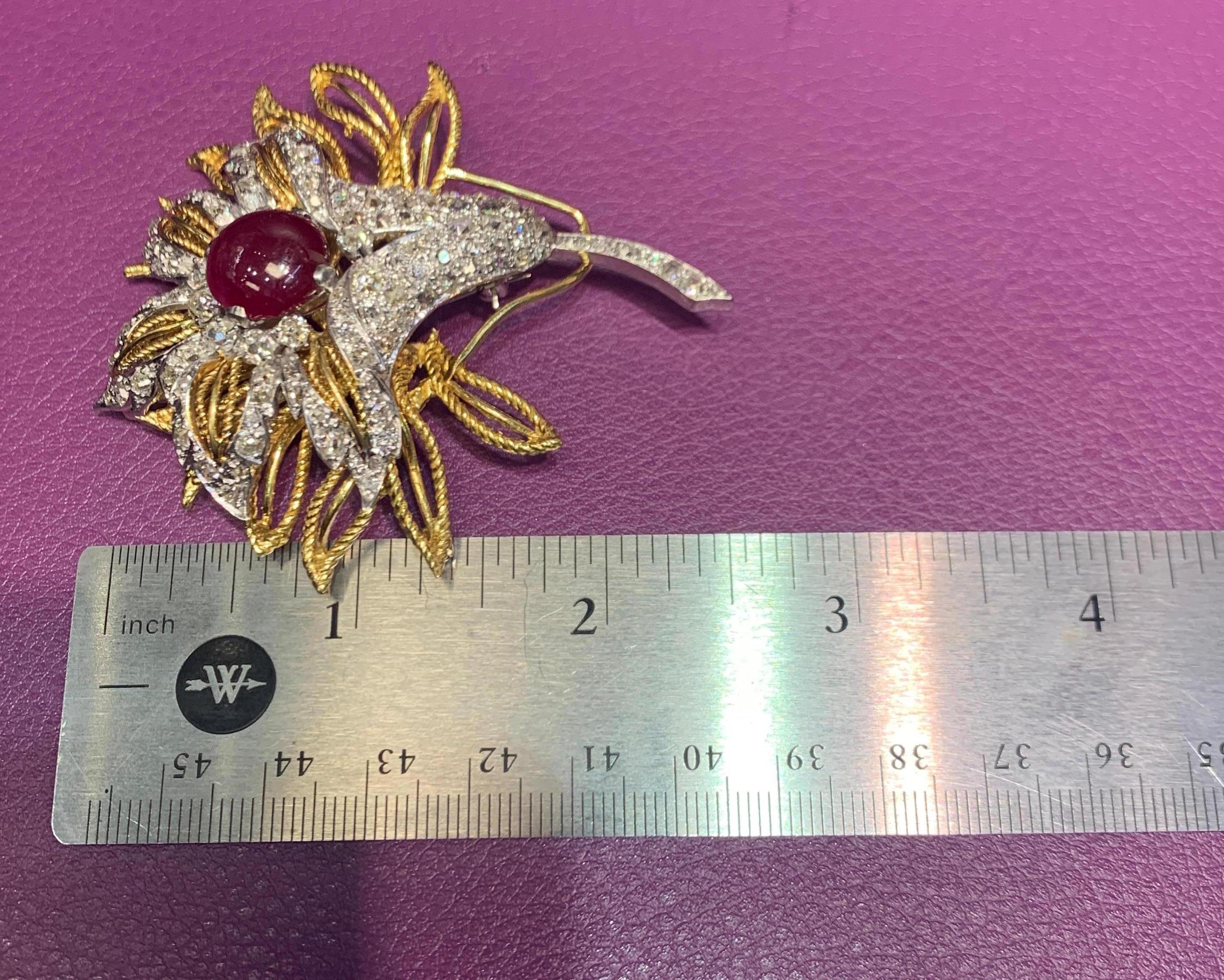Cabochon Ruby and Diamond Flower Brooch For Sale 1