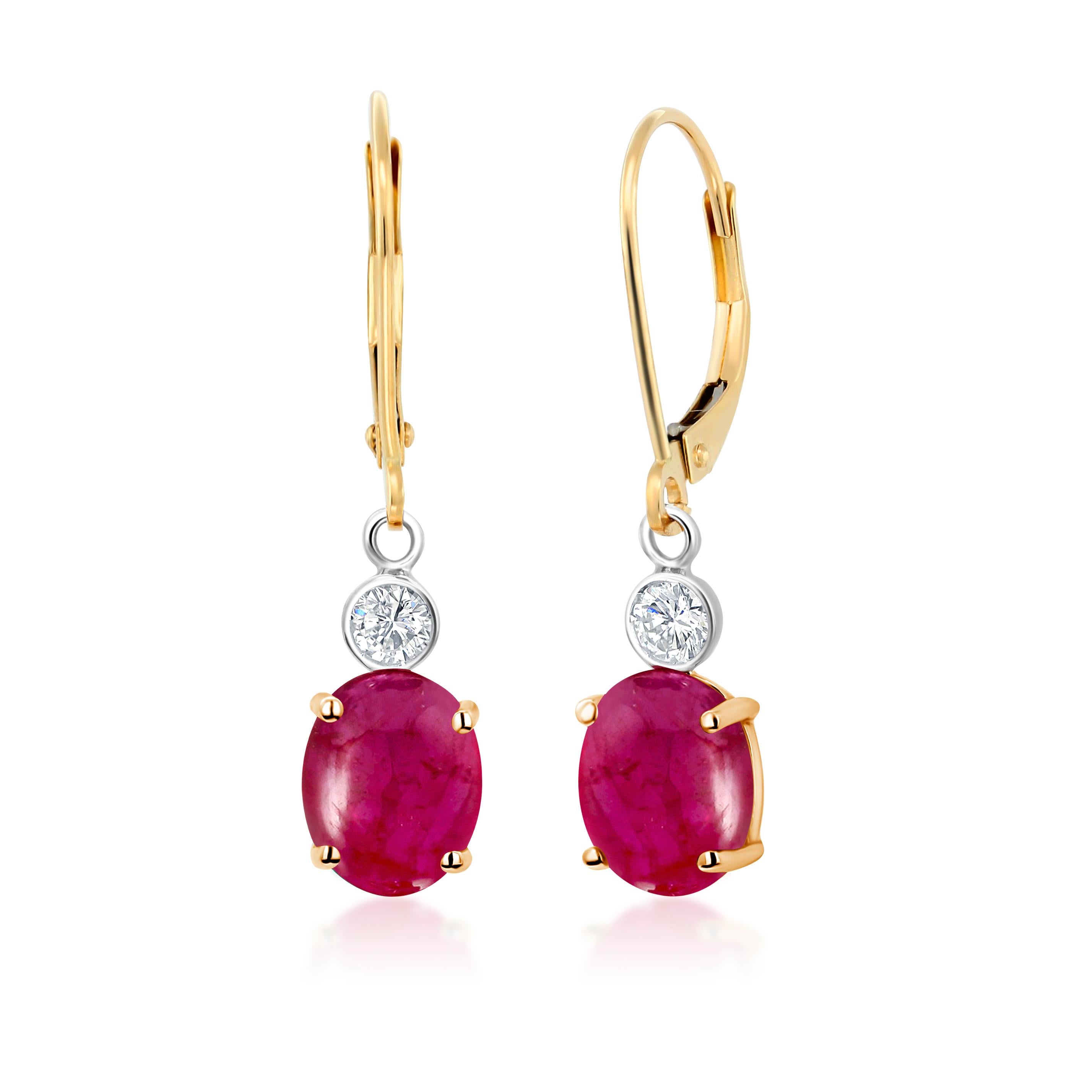 Oval Cut Cabochon Ruby Diamond Gold Hoop Earrings Weighing 3.75 Carat