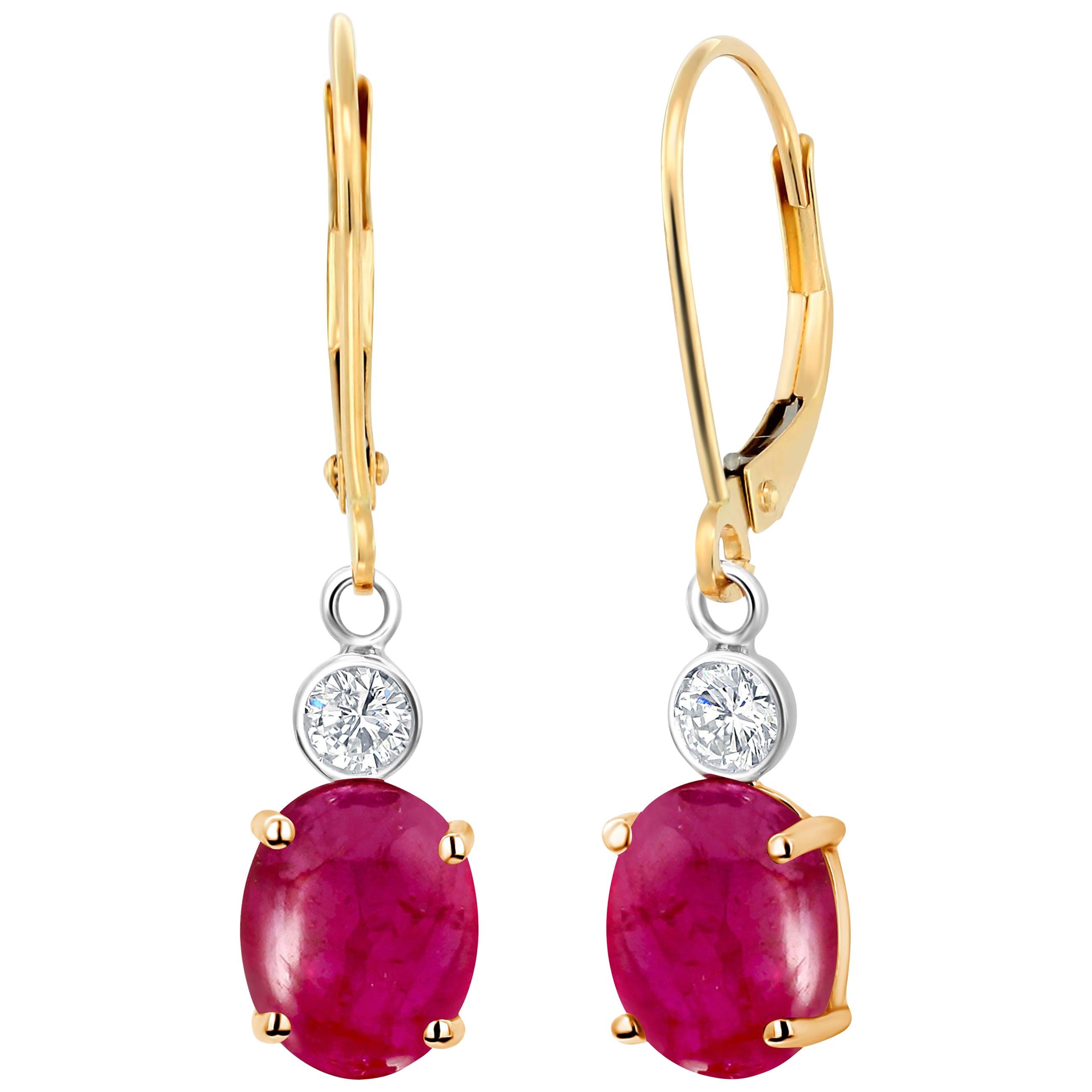 Cabochon Ruby Diamond Gold Hoop Earrings Weighing 3.75 Carat