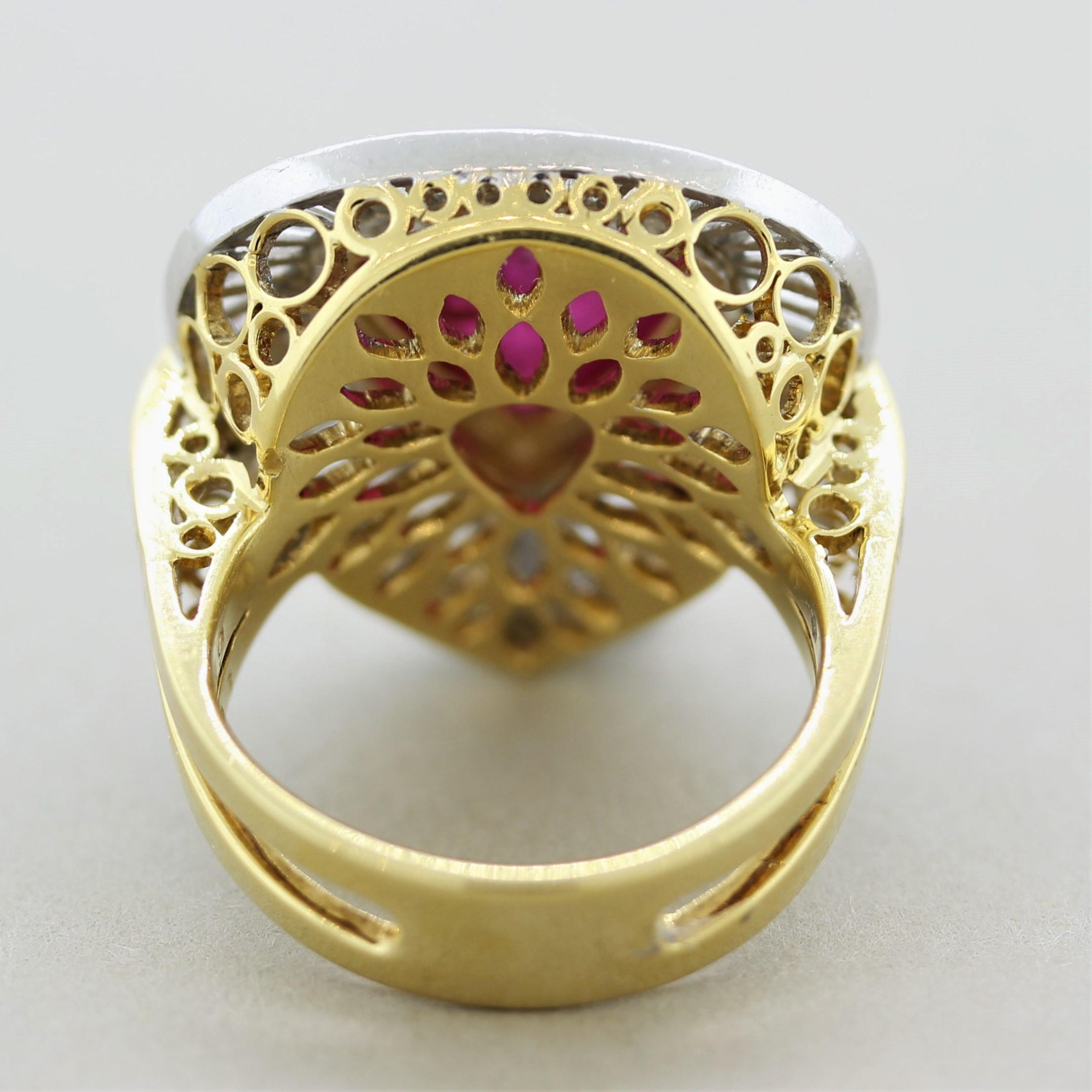 Mixed Cut Cabochon Ruby Diamond Gold & Platinum Cocktail Ring For Sale