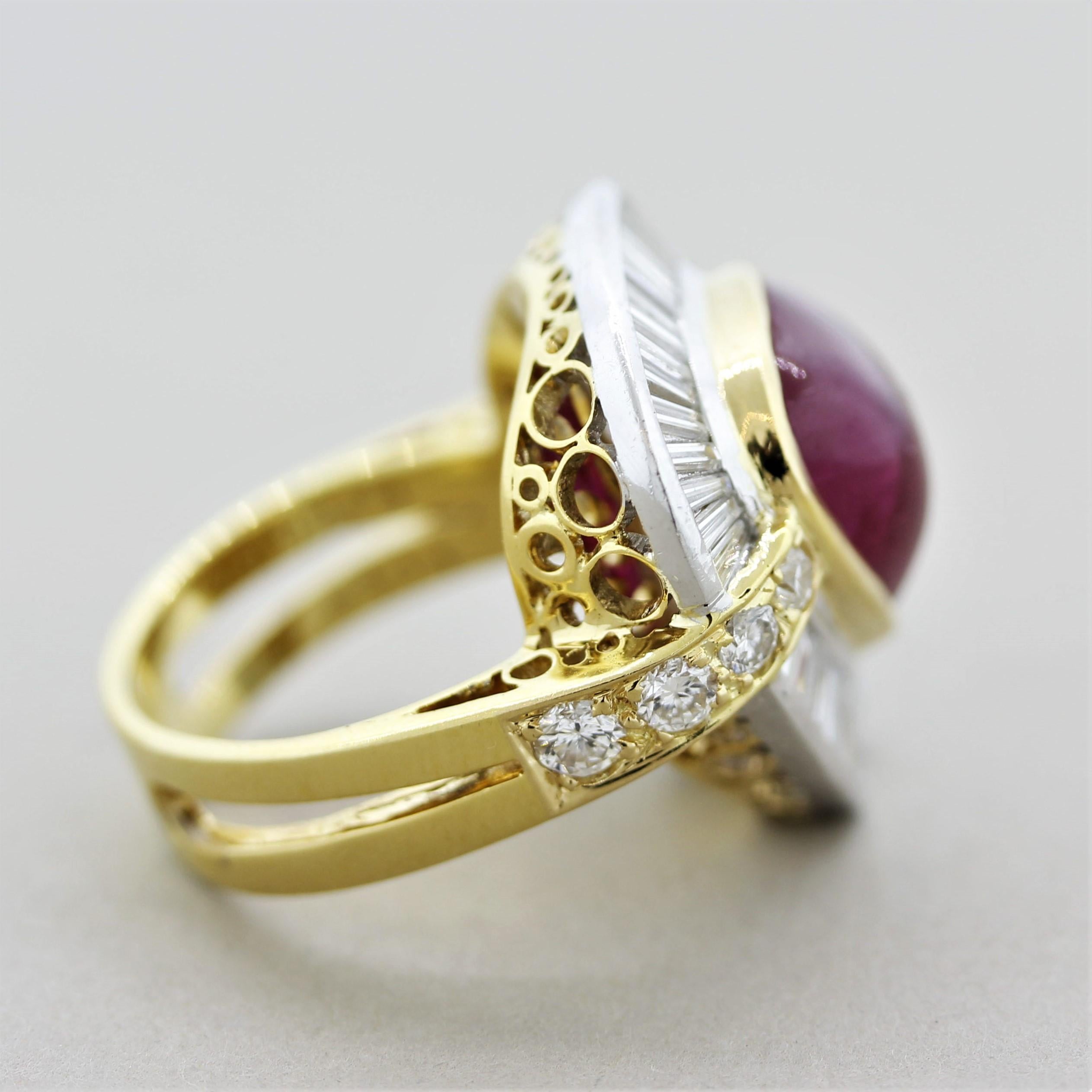 Cabochon Ruby Diamond Gold & Platinum Cocktail Ring In New Condition For Sale In Beverly Hills, CA