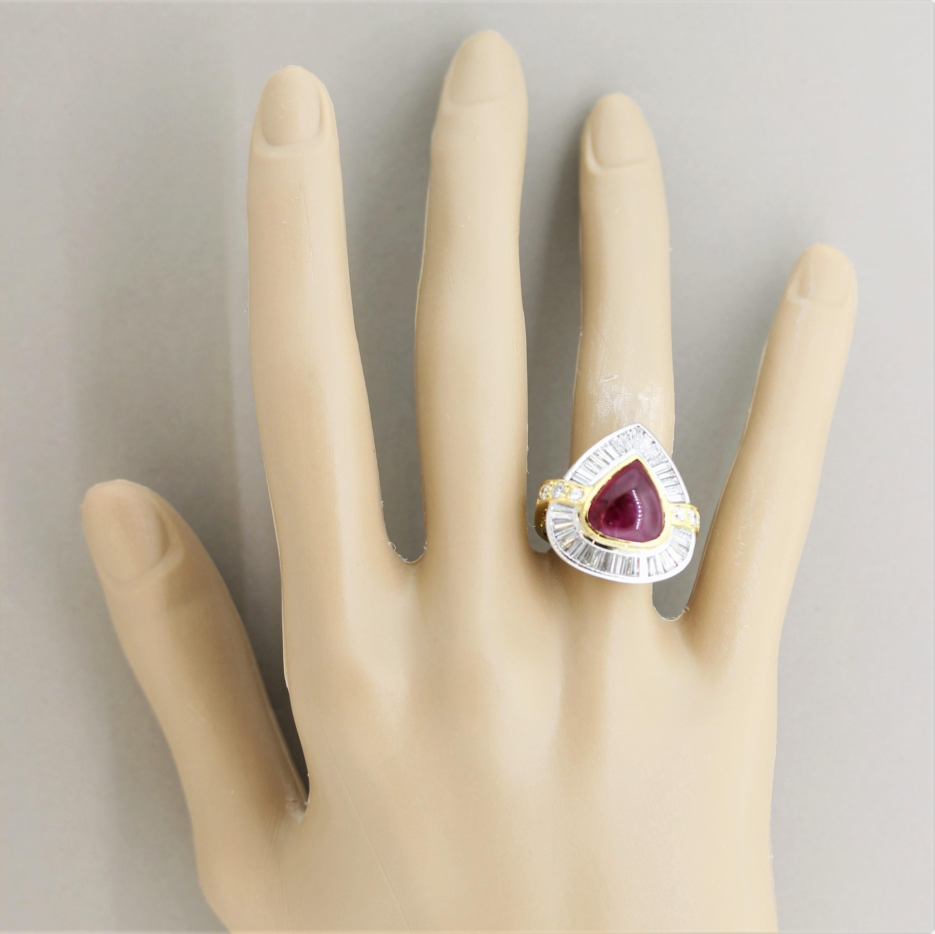 Women's Cabochon Ruby Diamond Gold & Platinum Cocktail Ring For Sale