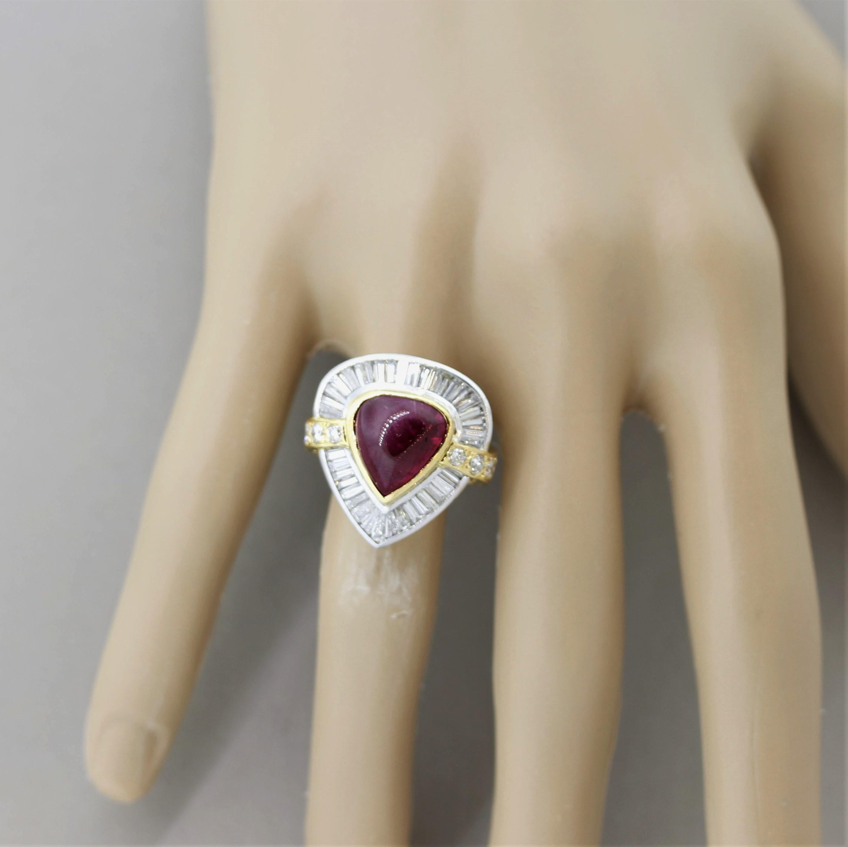 Cabochon Ruby Diamond Gold & Platinum Cocktail Ring For Sale 1