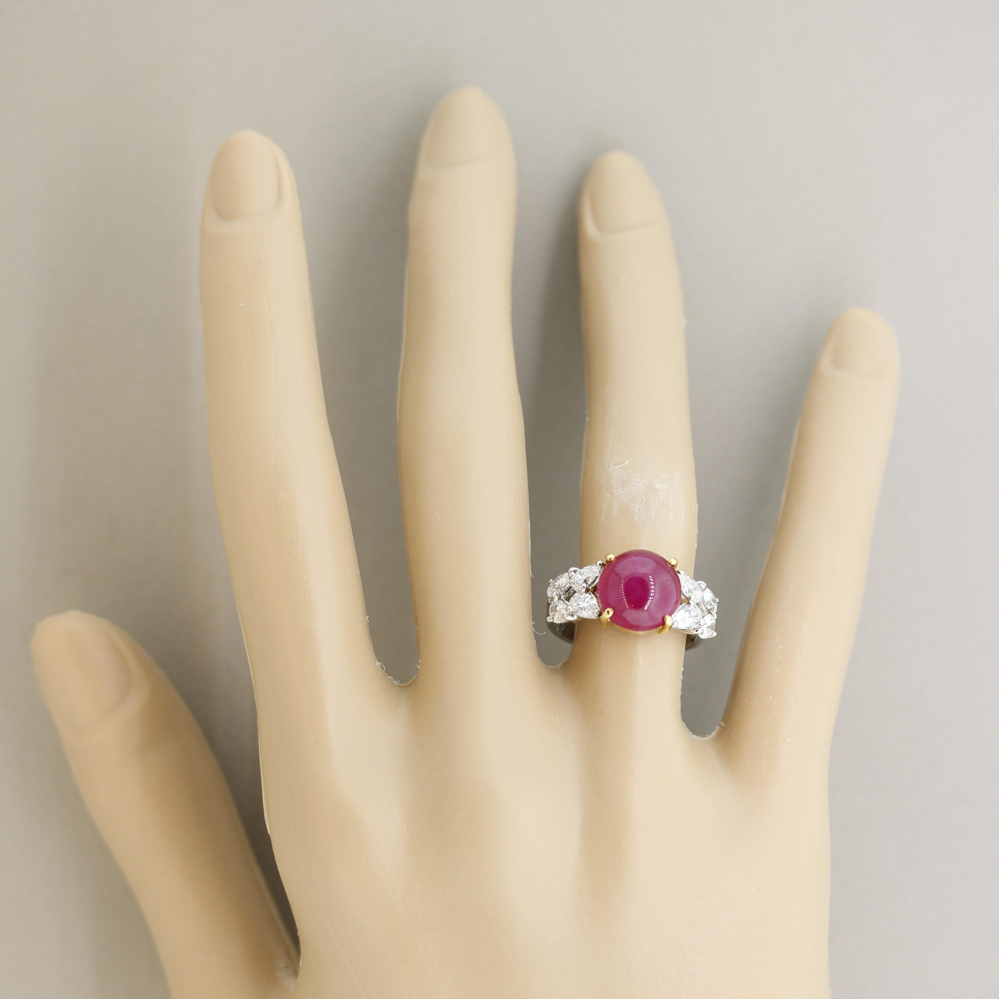 Mixed Cut Cabochon Ruby Diamond Gold & Platinum Ring For Sale